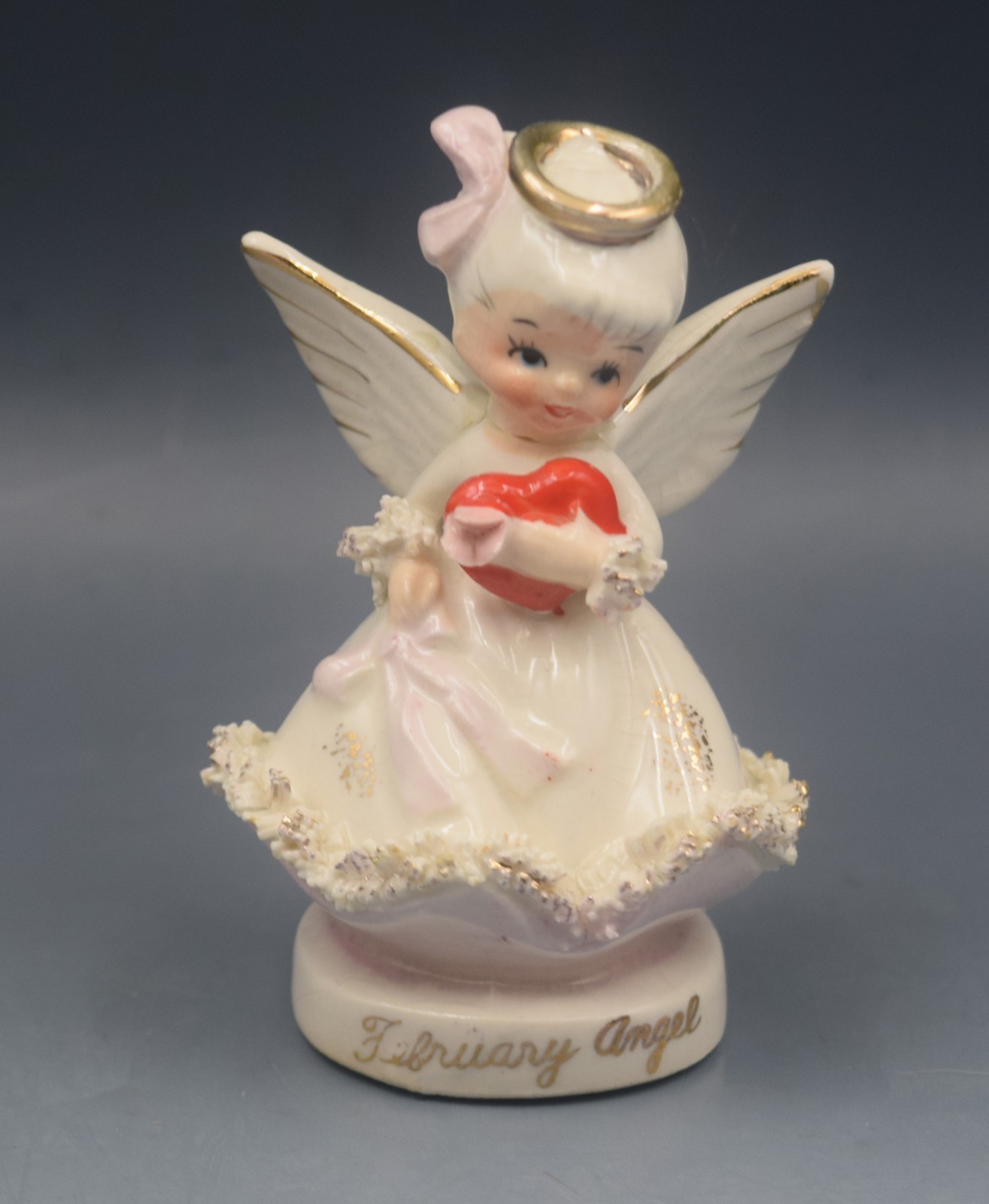 NAPCO JAPAN VINTAGE SPAGHETTI TRIM FEBRUARY VALENTINE ANGEL FIGURINE C 4307