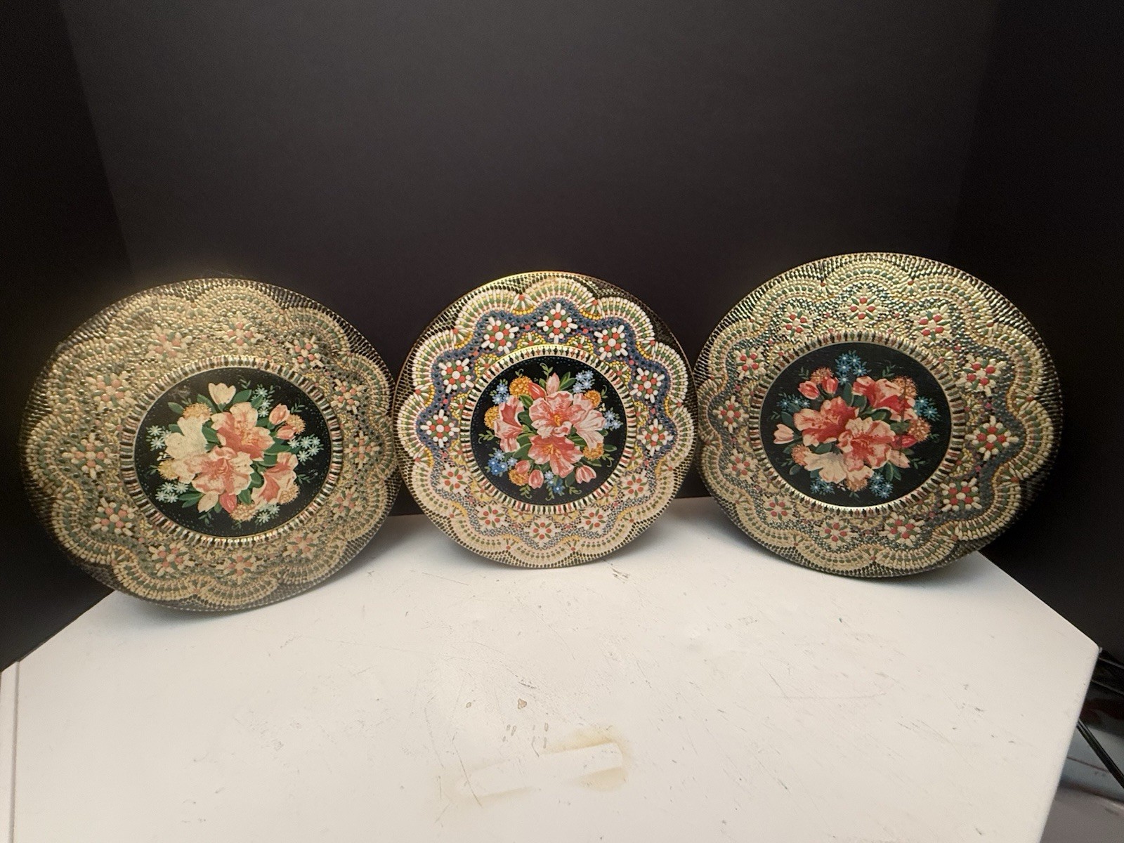 Three Vintage Textured Floral Matching Tins