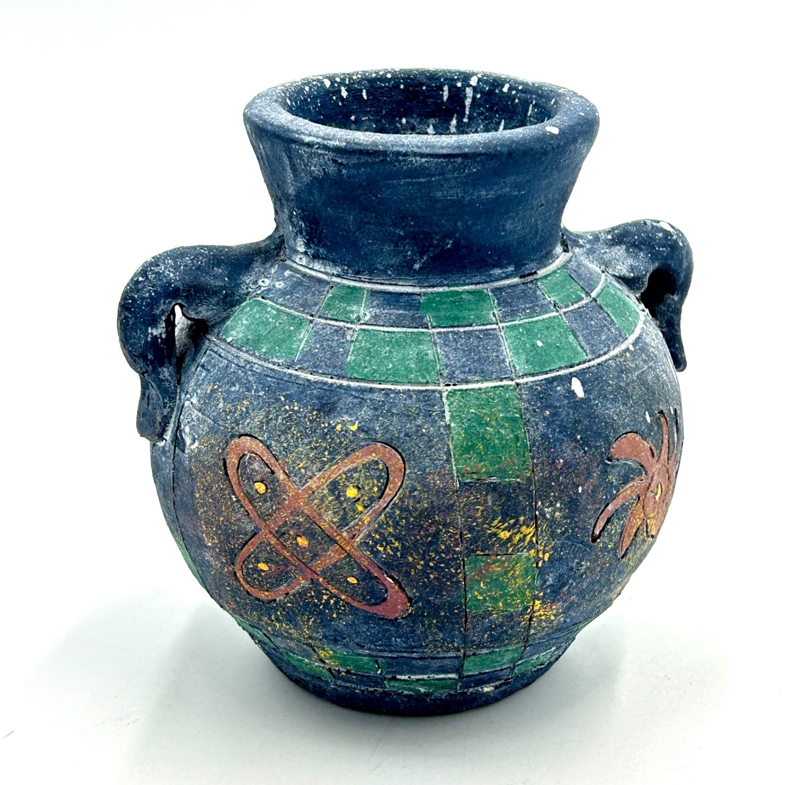 Vint Mid Century Studio Art Pottery Vase Handled Charcoal Atomic Sun 5 1/4\