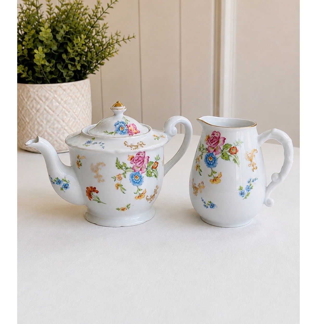 Vintage Chikaramachi Hand Painted Floral Antique 1920's Teapot & Creamer Japan