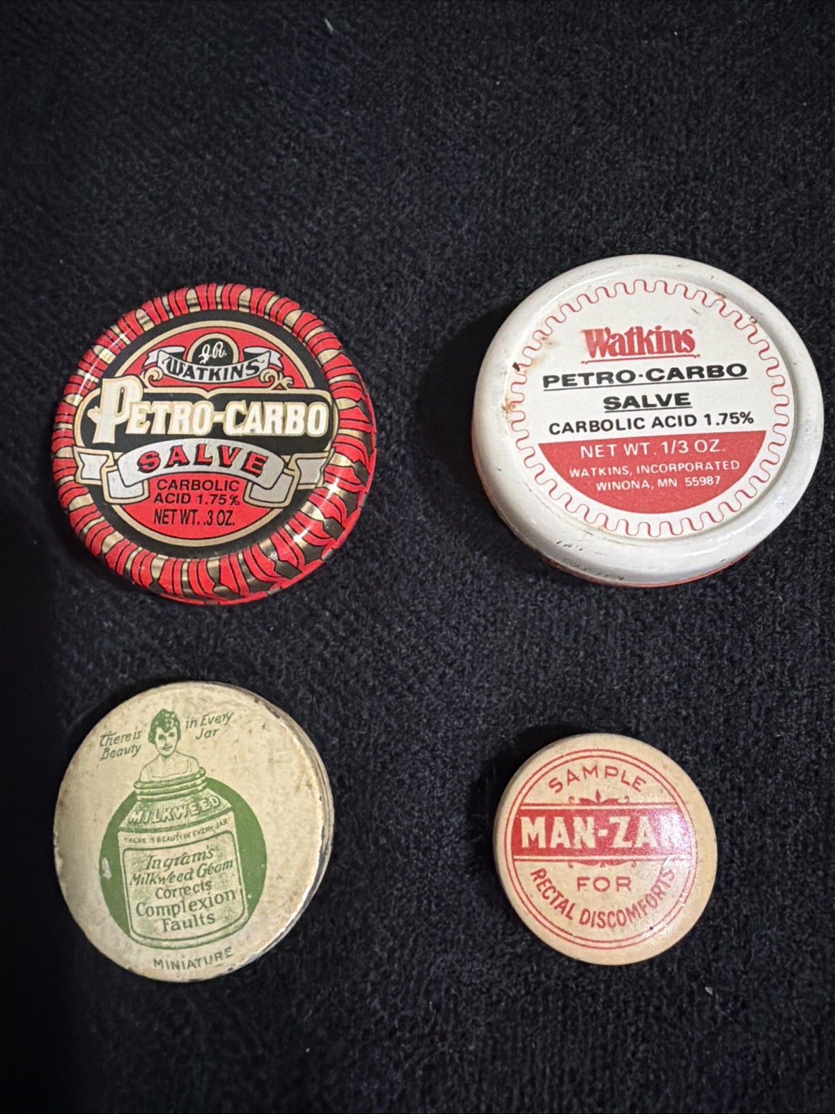 Vintage Advertising Tins Lot Watkins Petro-Carbo Salve Man-Zan Collectible 4 Pc