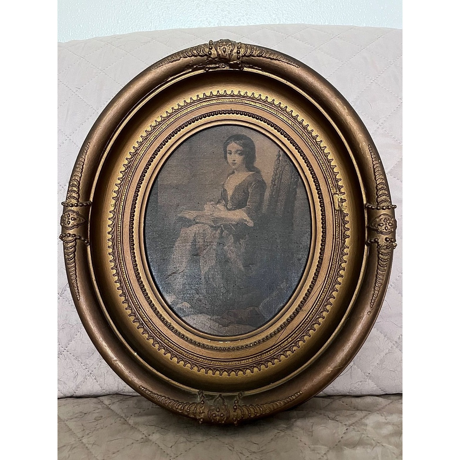 Antique Victorian Oval Gilt Gesso Frame with \'Household Devotion\' Engraving, Sam