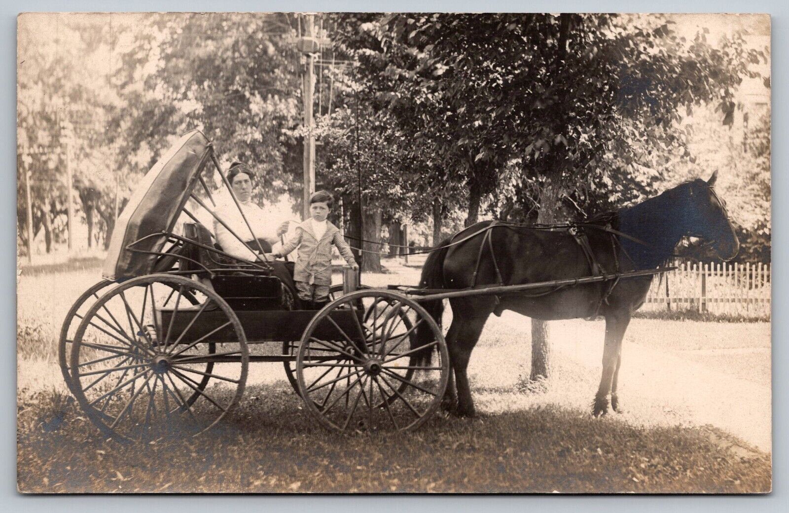 RPPC 1909 Well Dressed Mother and Cute Boy Posing Horse Drawn Carriage A25