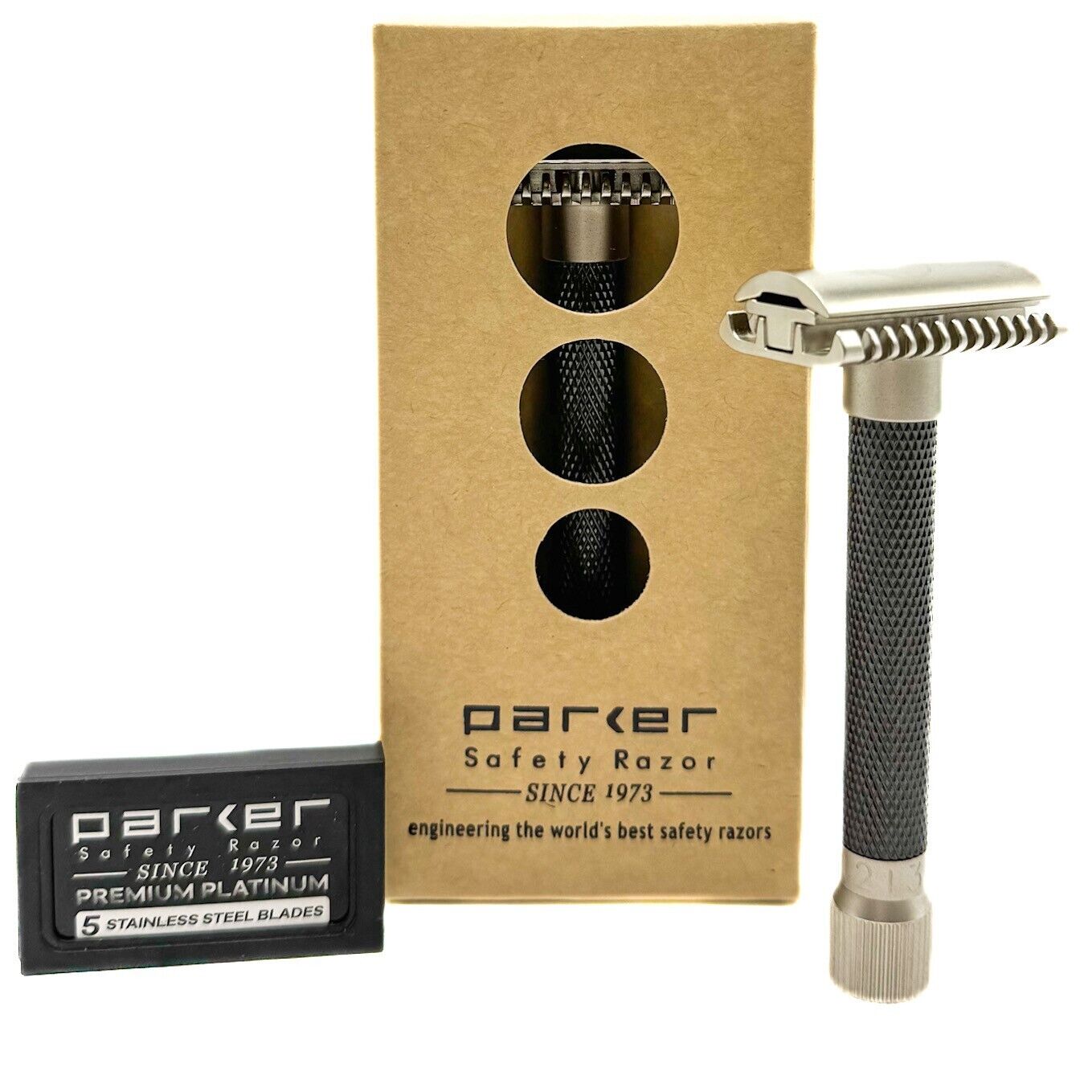 Parker Variant ADJUSTABLE Safety Razor New OPEN Comb & 5 DE Blades - Graphite