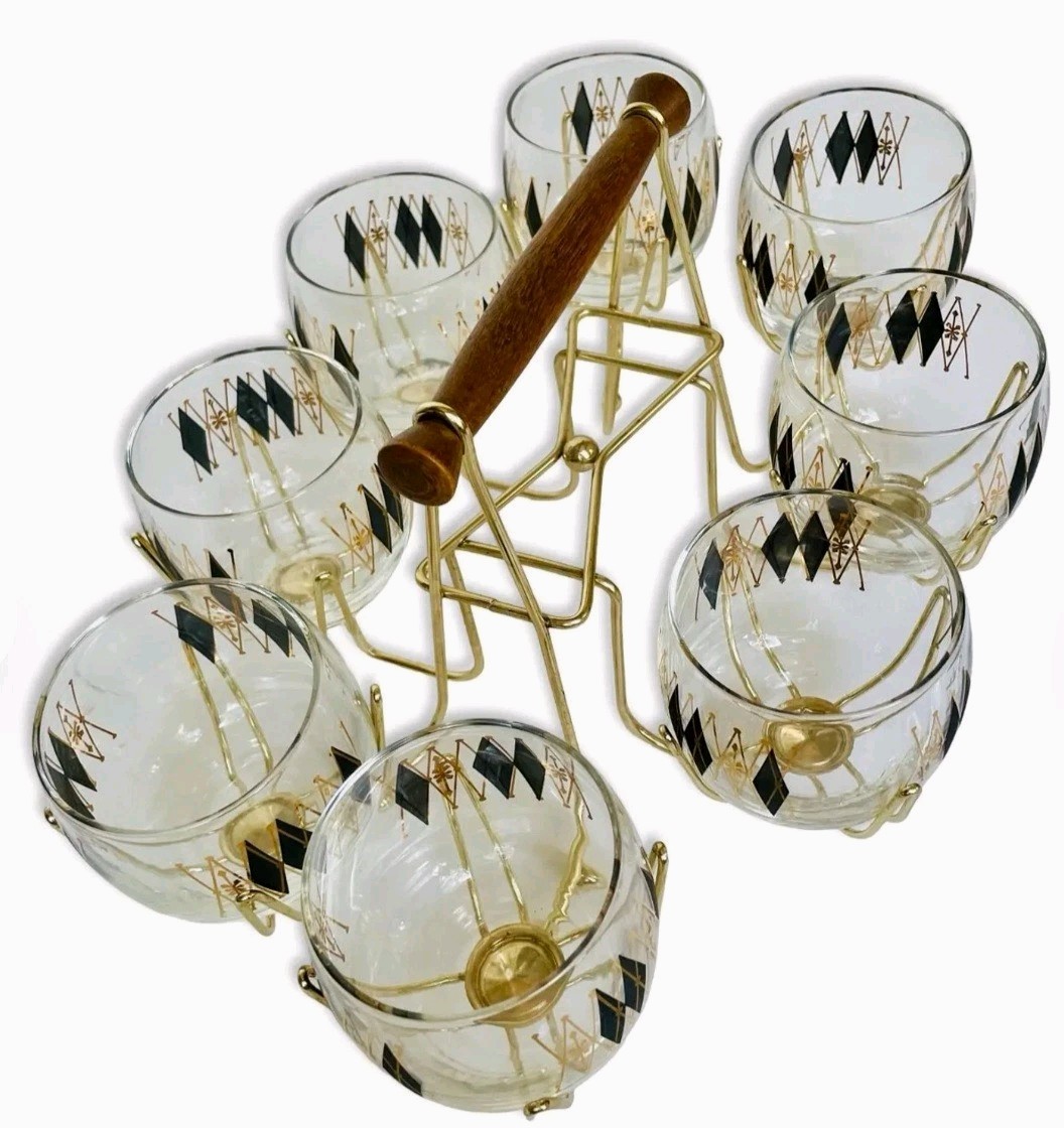 Vintage MCM Federal Harlequin Diamond Roly Poly Glasses & Caddy Set_8 Piece Set
