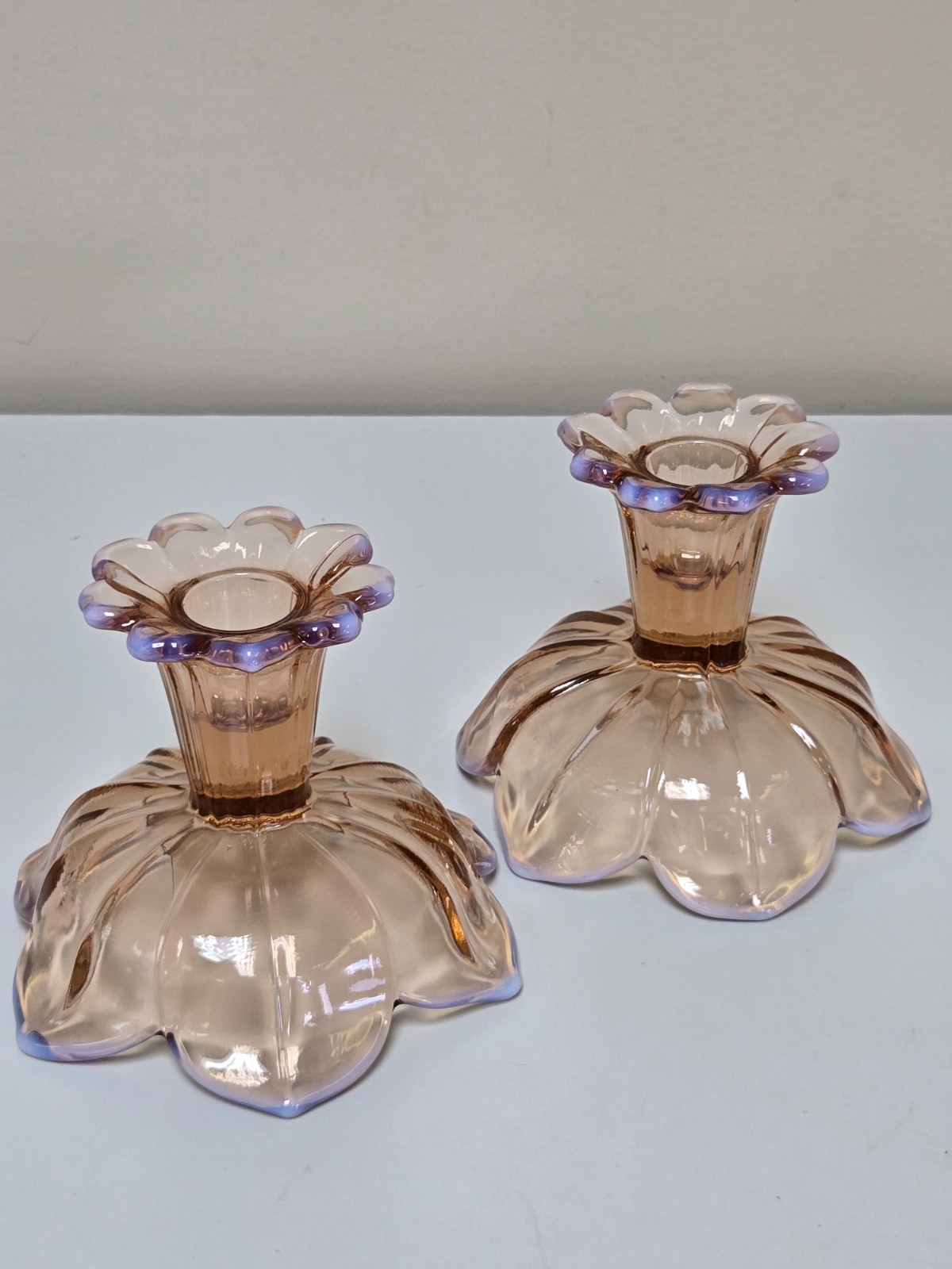 Westmoreland Glass Lotus Pink & Blue Opalescent Candle Stick Holders (Set of 2)