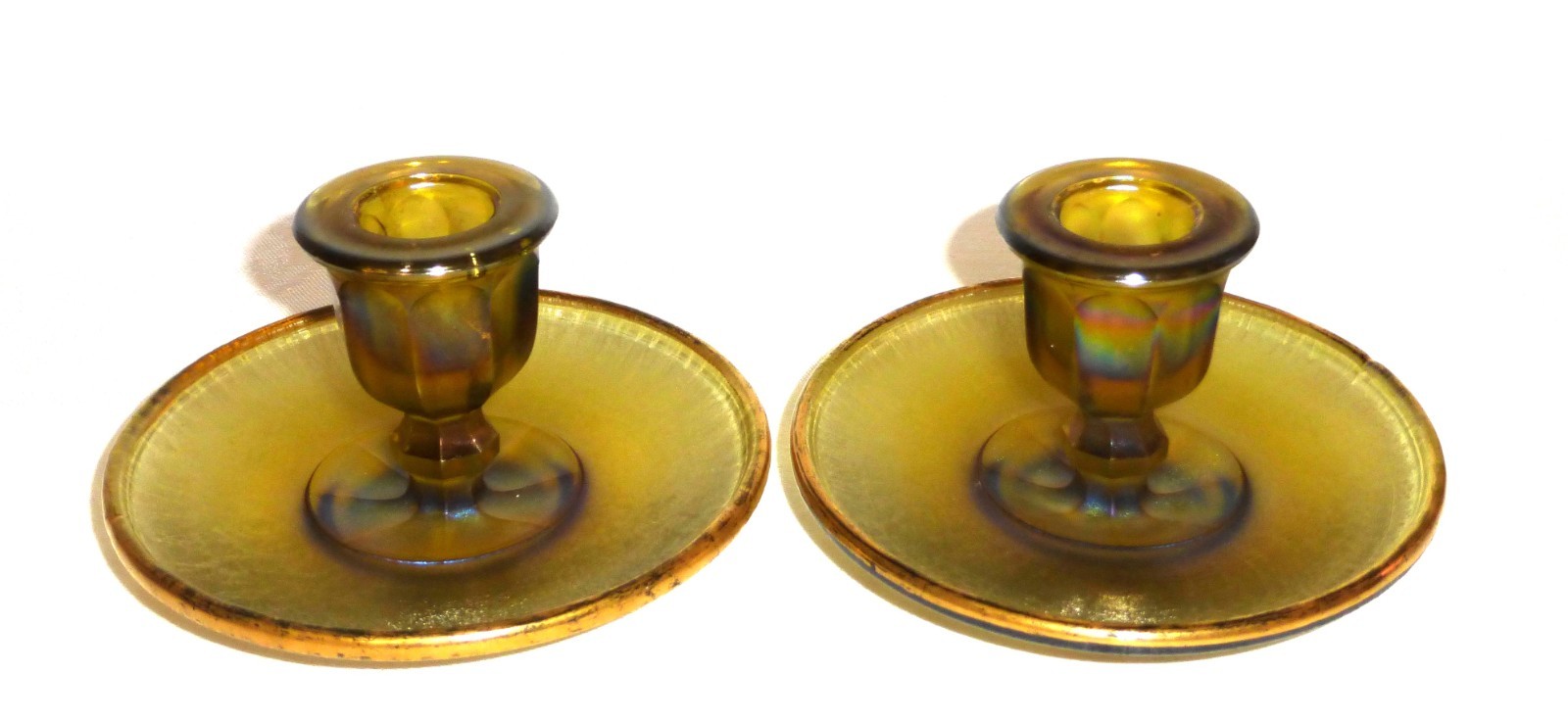 Northwood #676 Colonial OLIVE Iridescent Stretch Glass Candle Holders 2-1/2\ Northwood #676 Colonial OLIVE Iridescent Stretch Glass Candle Holders 2-1/2\