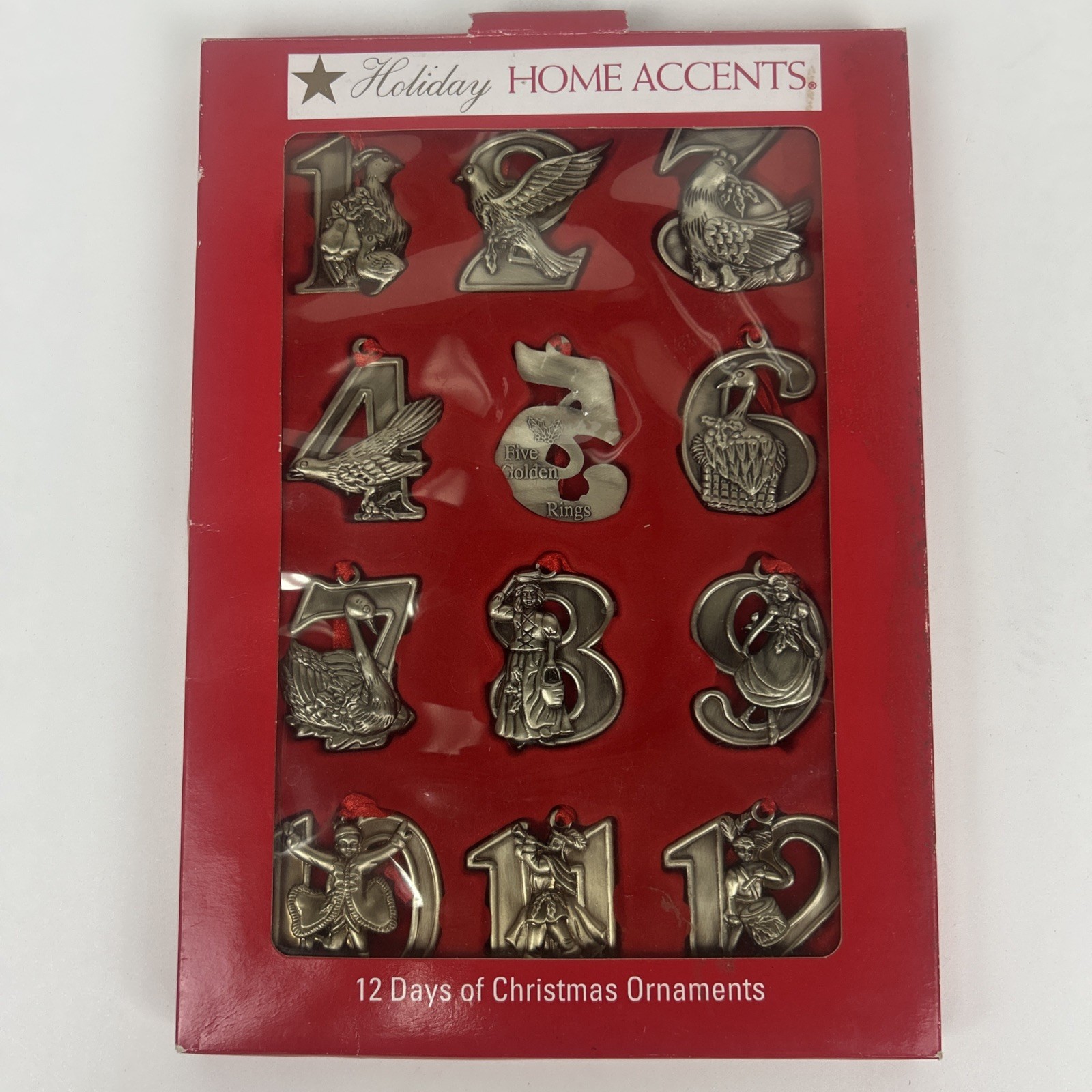 Vintage 12 Twelve Days of Christmas Pewter Ornaments With Red Ribbons ~ Benton