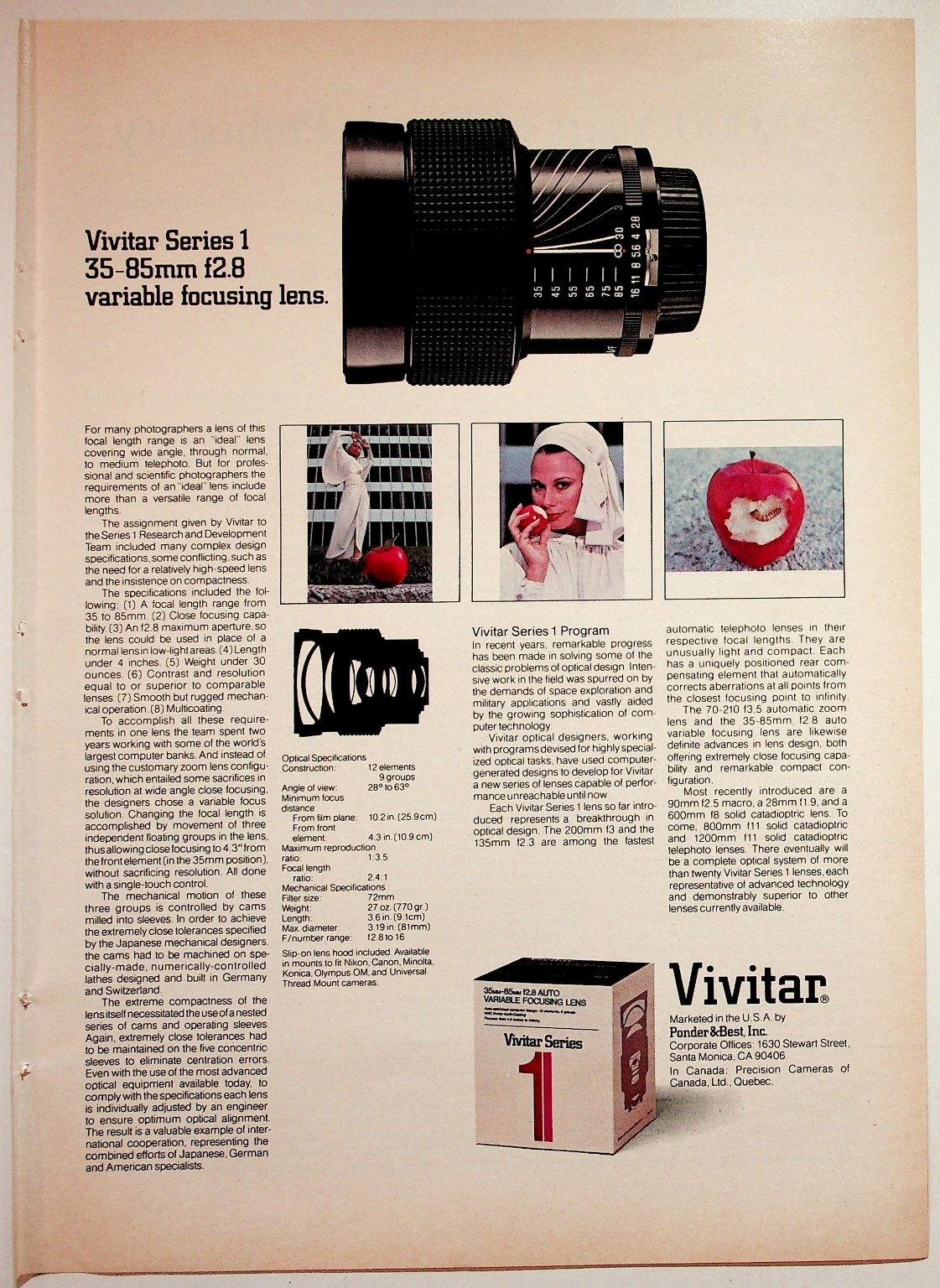 Vivitar Series 1 35-85mm f2.8 Variable Focusing Lens 1976 Print Ad