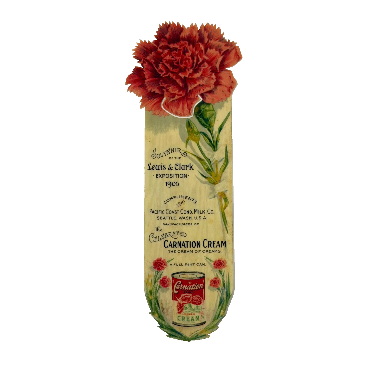 1905 Lewis Clark Exposition Carnation Cream Advertising Celluloid Bookmark 1905 Lewis Clark Exposition Carnation Cream Advertising Celluloid Bookmark