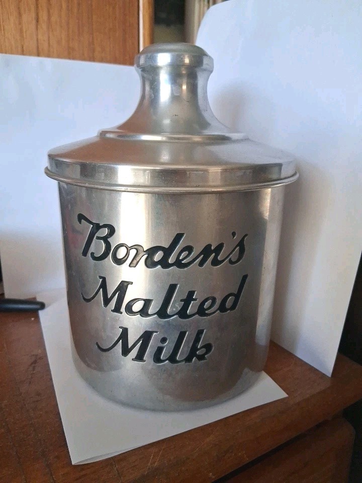 Rare 1930s-40s Aluminum Borden's Malted Milk Soda Fountain Counter Top Container