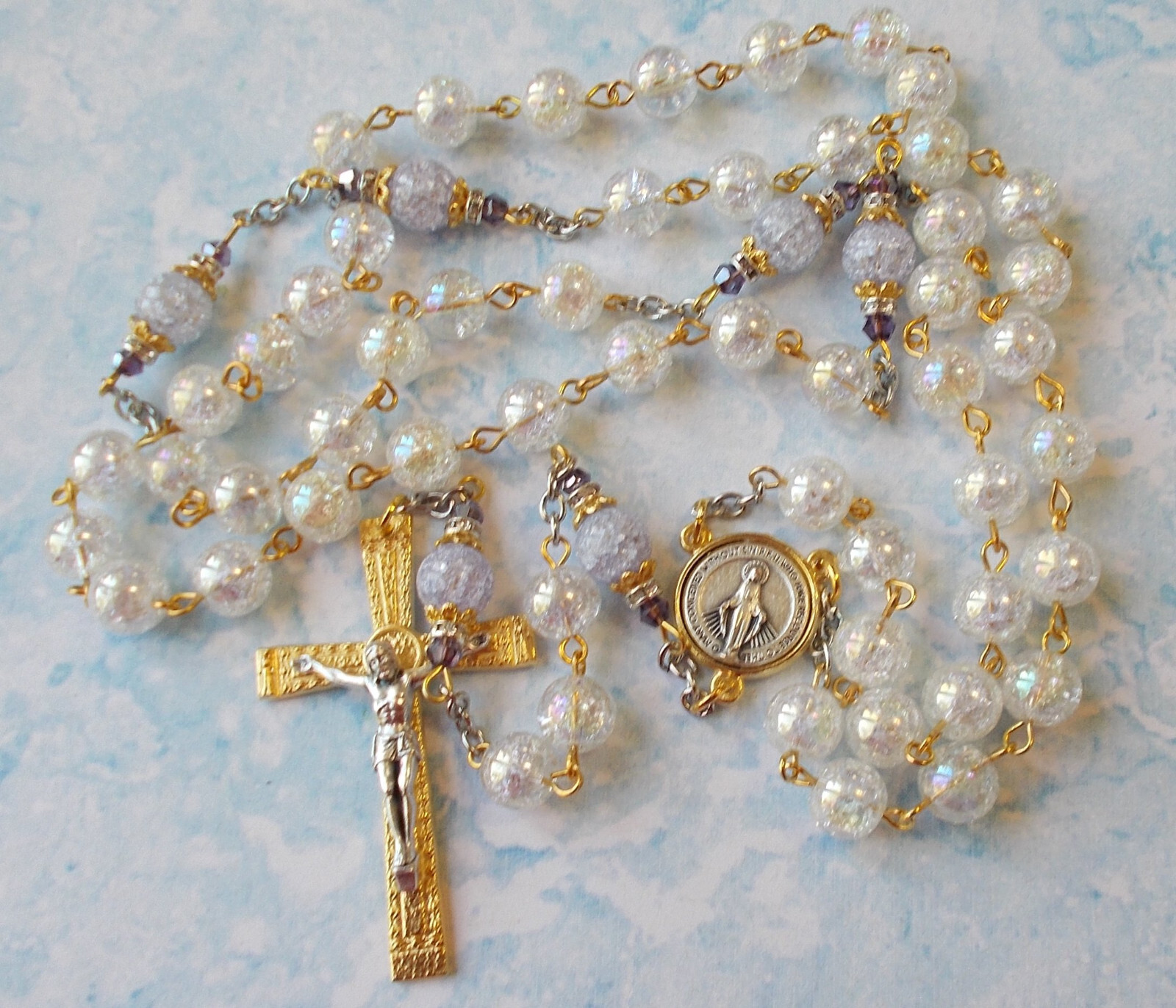 GORGEOUS Natural AB crystal cracked quartz Rosary~2 tone~Handmade~Italy