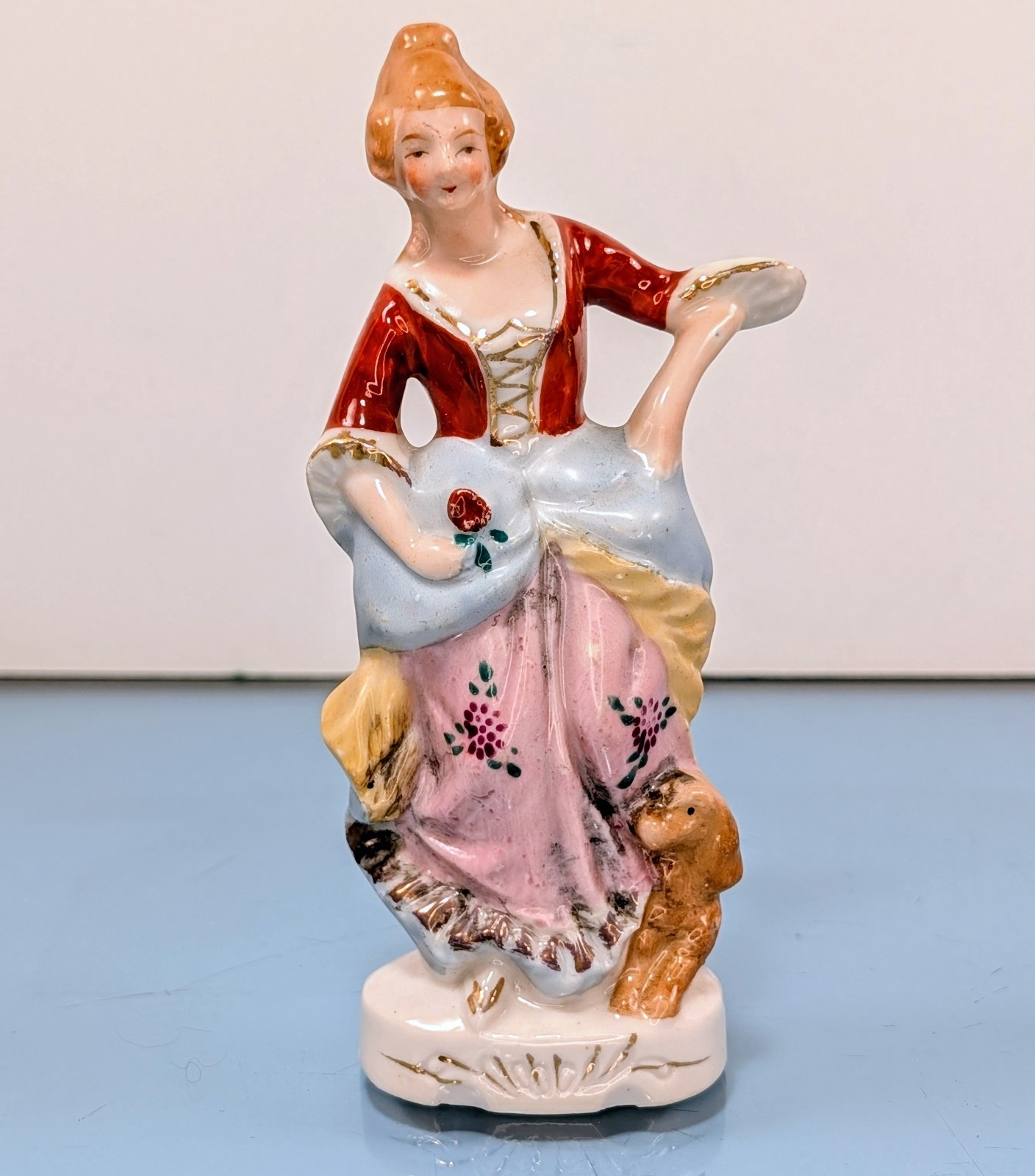 Vintage 1945-1952 Hand Painted Porcelain Victorian Woman With Dog Figurine 