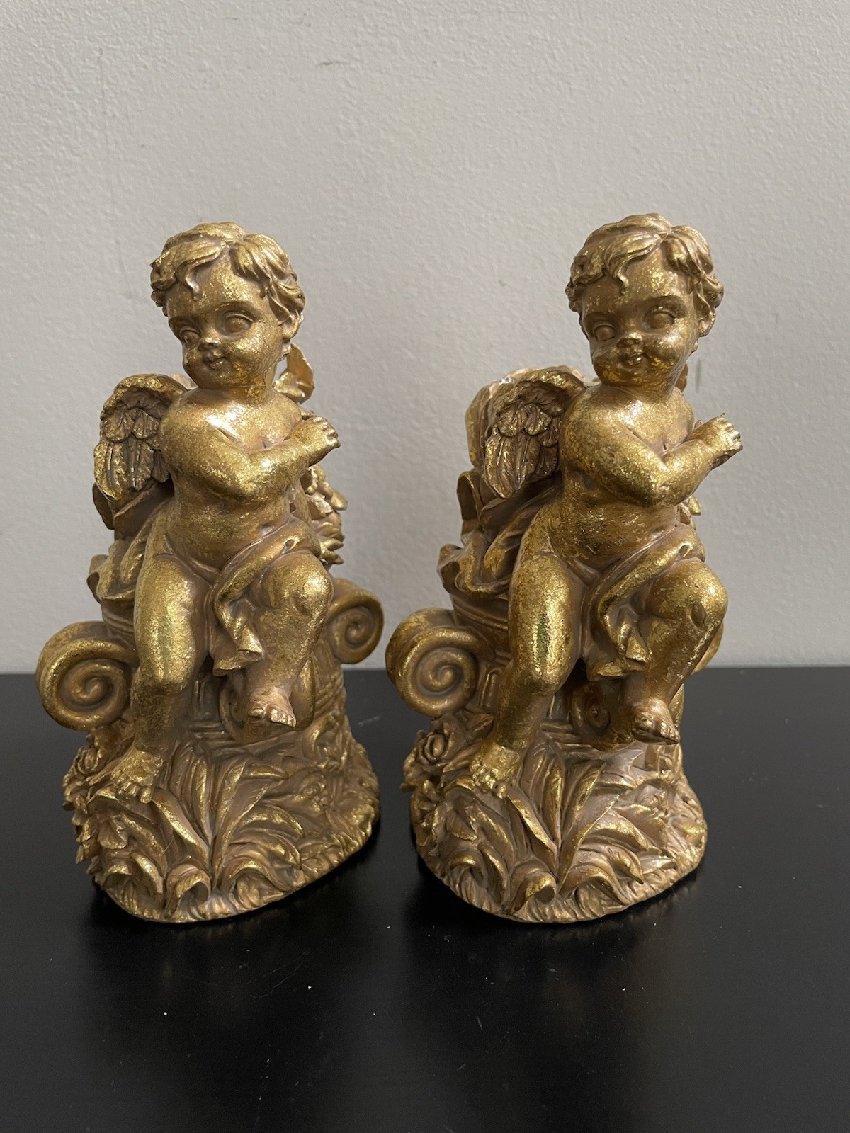 VTG Pair Of Gilded Golden Cherubs Candle Holders, Winged Angels 6 1/2”Tall VTG Pair Of Gilded Golden Cherubs Candle Holders, Winged Angels 6 1/2”Tall
