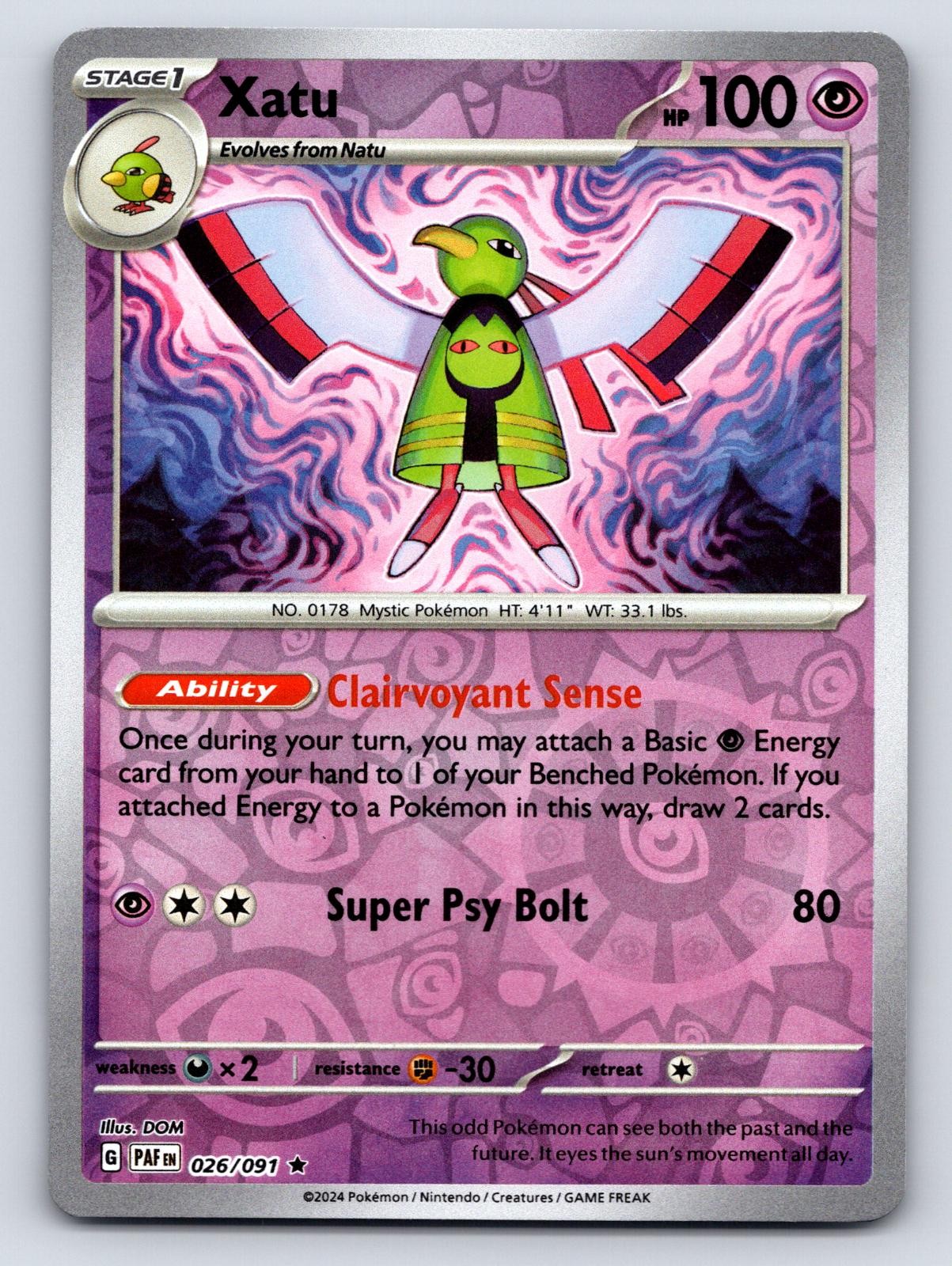 Xatu 026/091 Rare Paldean Fates Pokemon Reverse Holo Near Mint