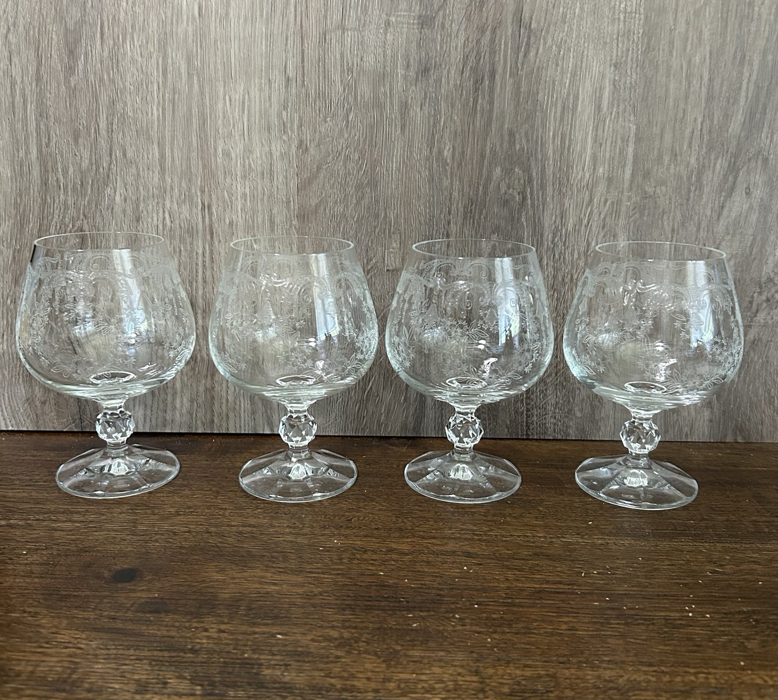 Antique Bohemia Etched Cascade Leaded Crystal Footed Brandy Glasses