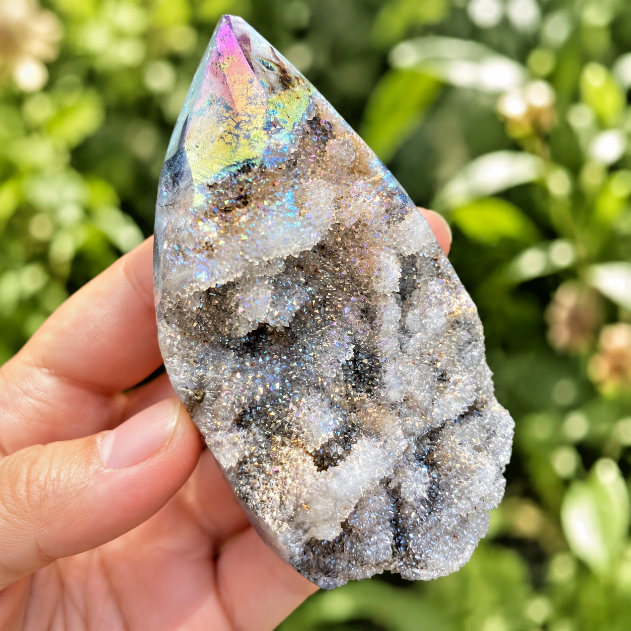 Natural Aura Sphalerite Druzy Flame Carved Crystal Specimen Reiki Healing Decor