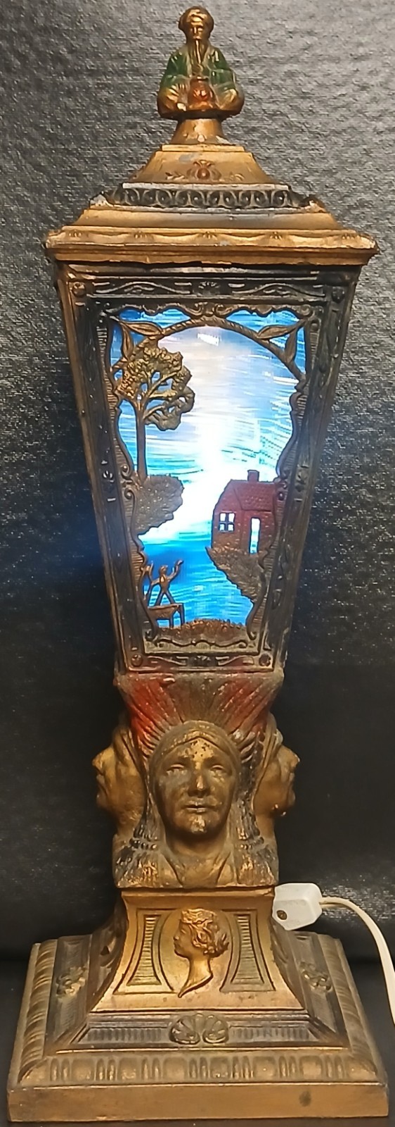 Antique Art Deco Slab Glass American Indian Chief Portrait Table Lamp