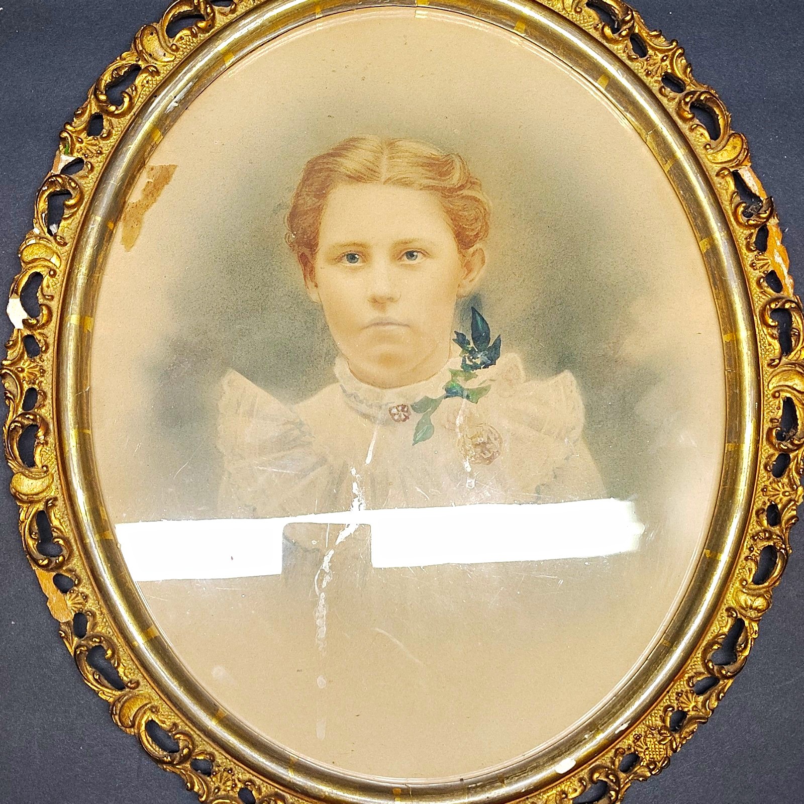 Hand-Tinted Sepia Woman Portrait Photograph in Ornate Oval Framed Portrait