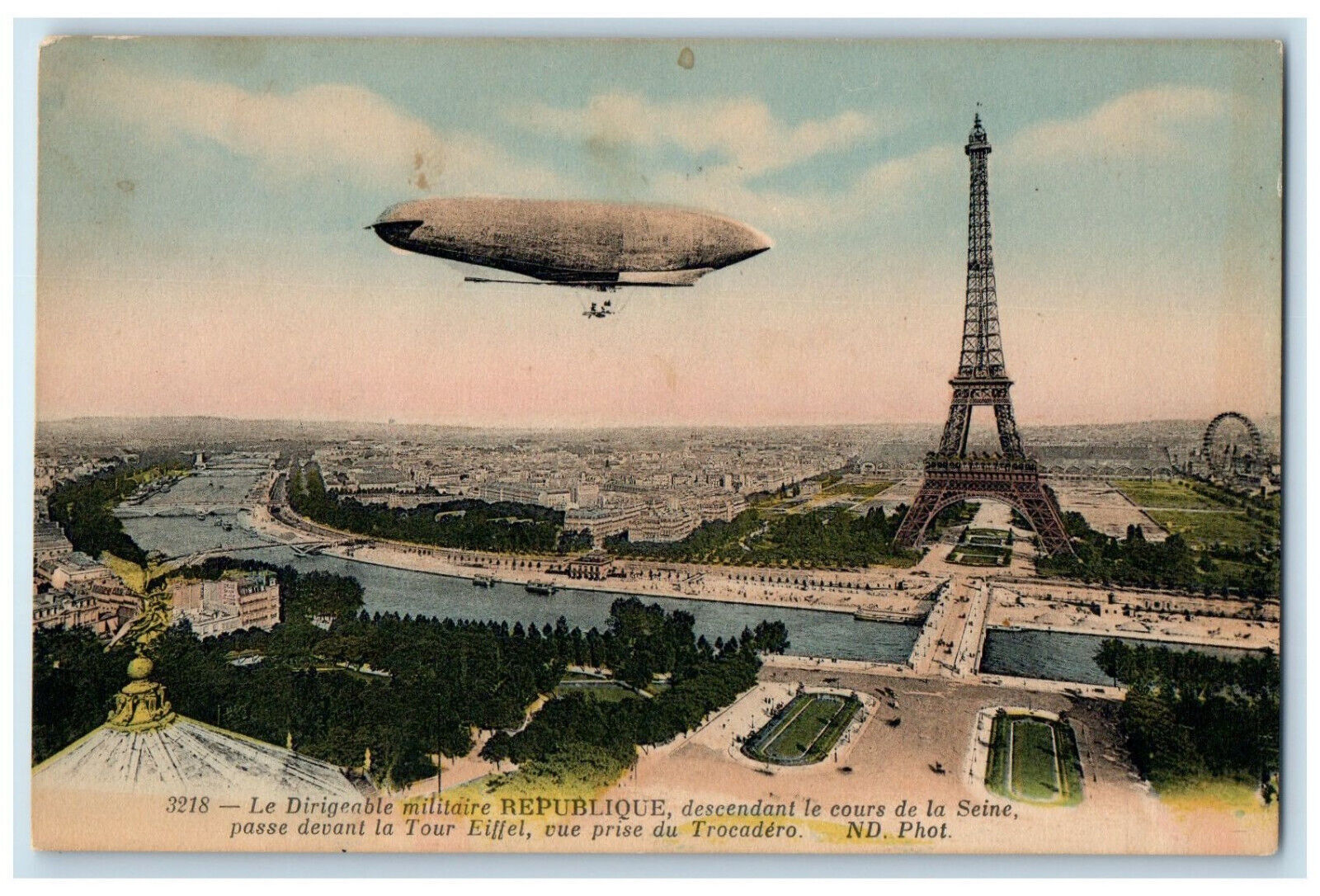 c1910 Military Airship Dirigible Republique Eiffel Tower Paris France Postcard