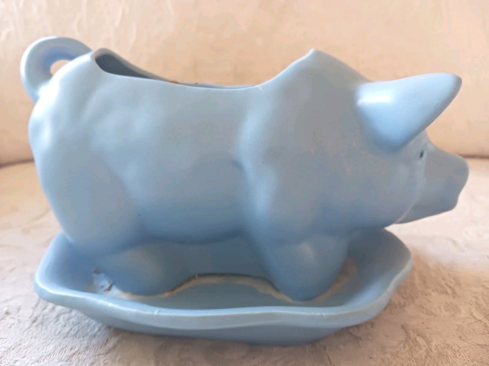 Charming Vtg CDP Blue Glazed Natural White Clay Ceramic Pig Planter Hand Crafted Charming Vtg CDP Blue Glazed Natural White Clay Ceramic Pig Planter Hand Crafted