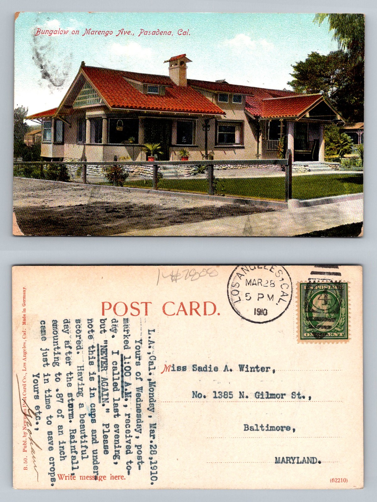 Pasadena, CA-California, Bungalow On Marengo Avenue Vintage c1910 Postcard