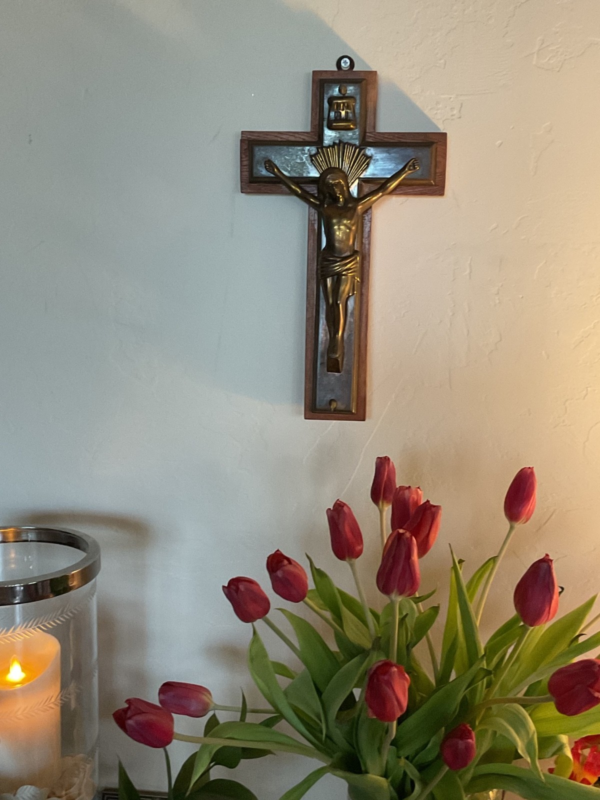 Vintage Wall Crucifix Parsons Bronze on Wood Cross 14”  Halo Rays, Unusual Nails