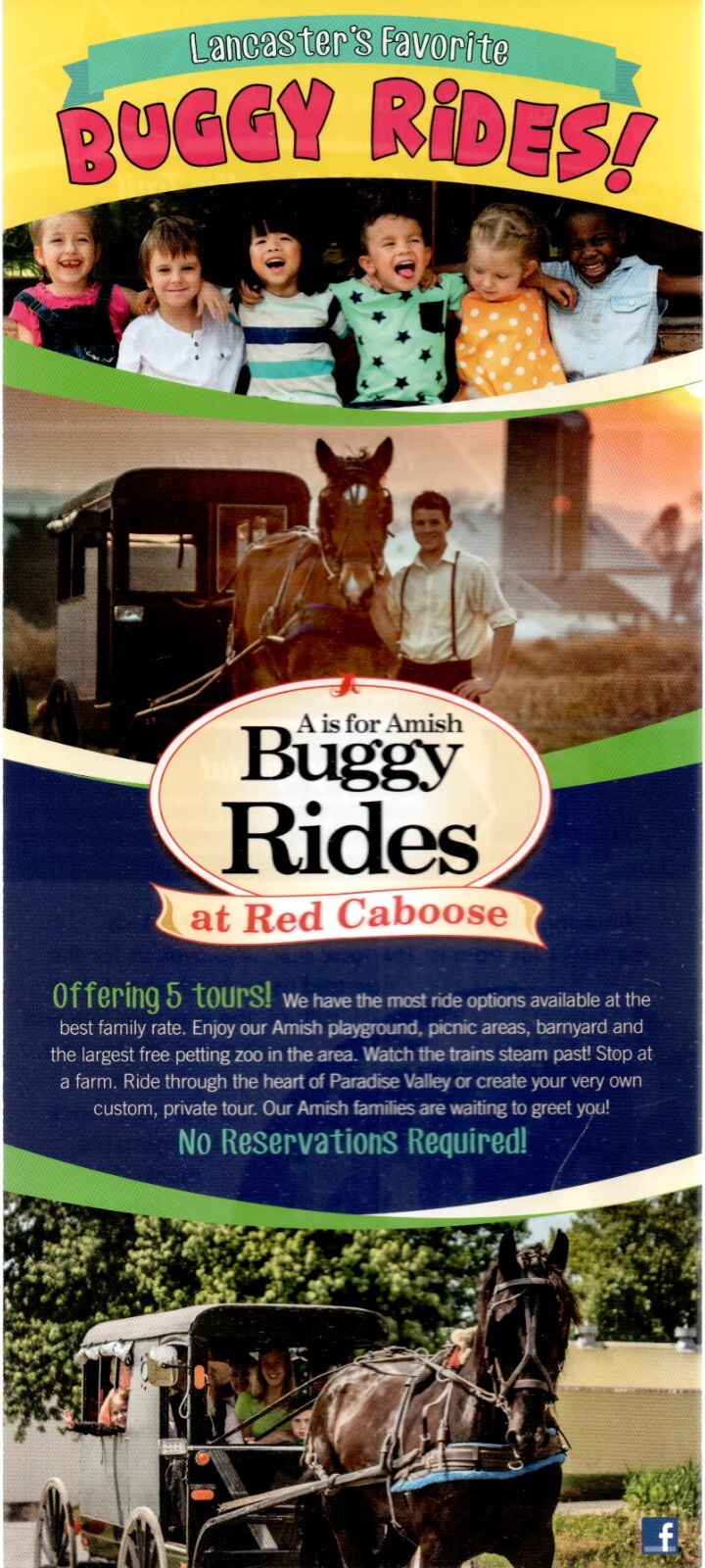 Travel Rack Card, Buggy Rides at Red Caboose, Ronks, Pennsylvania c2019