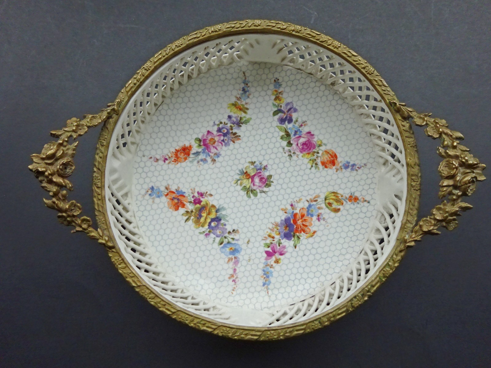 Max Roesler White Porcelain Lattice Bowl with Metallic Rim /Handles and Flowers