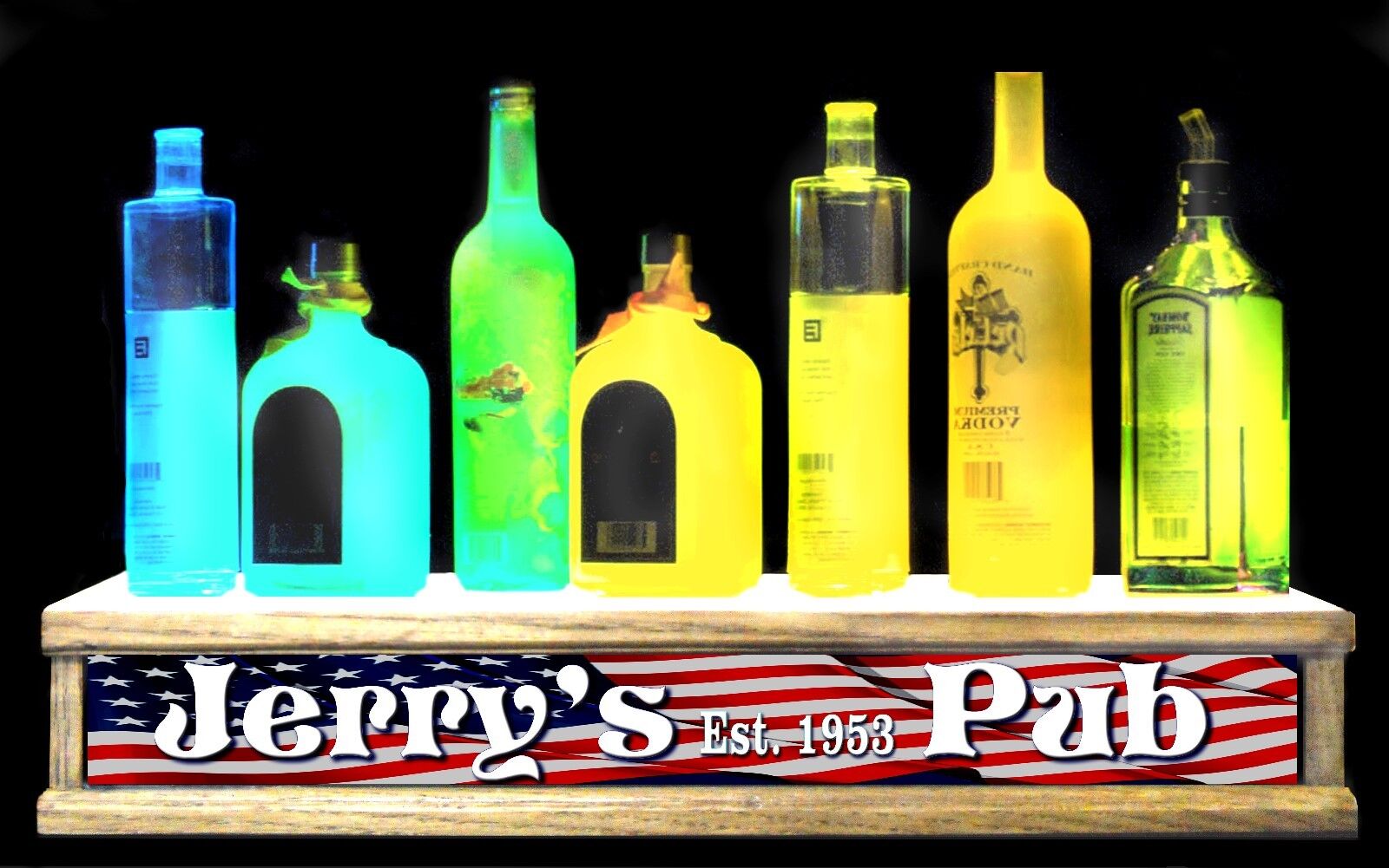 REMOTE CTL liquor bottle , SHOT GLASS display PERSONALIZED AMERICAN FLAG SIGN 