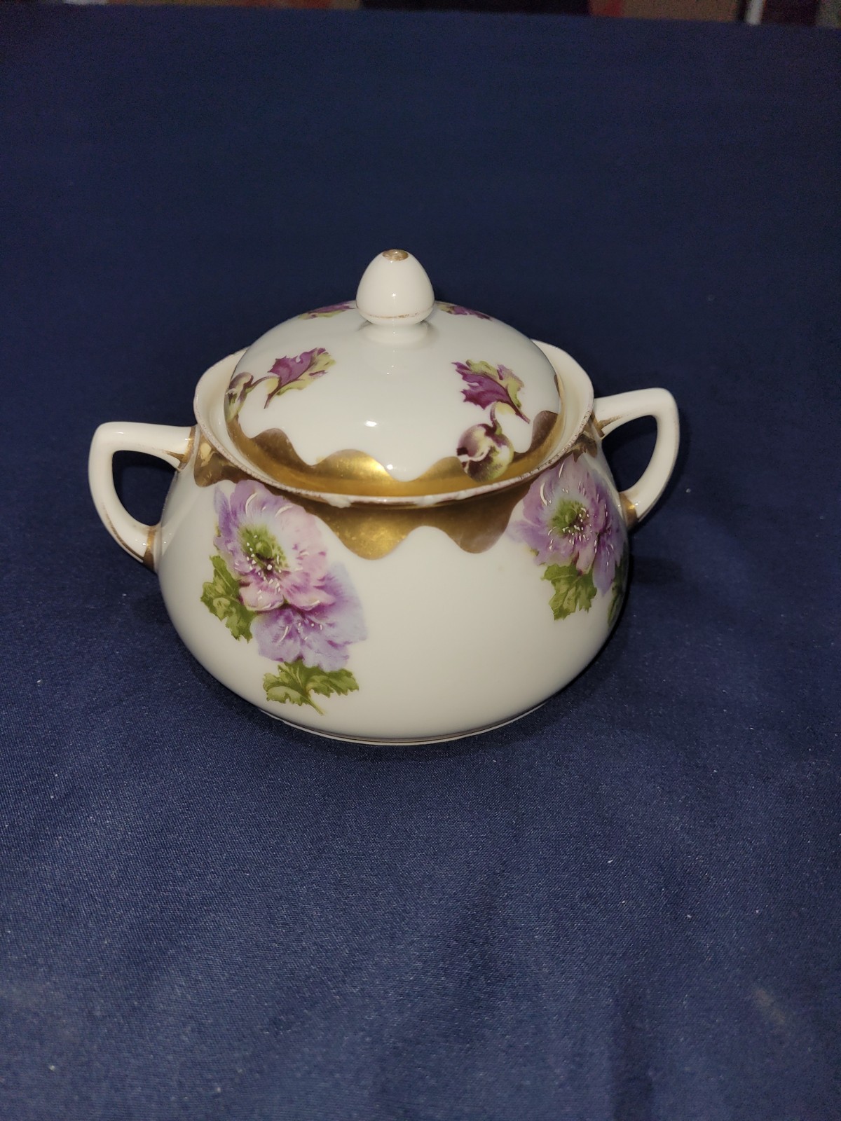 Antique 1920s KPM Silesia Alice Lidded Sugar Bowl Scalloped Gold Trim Vtg