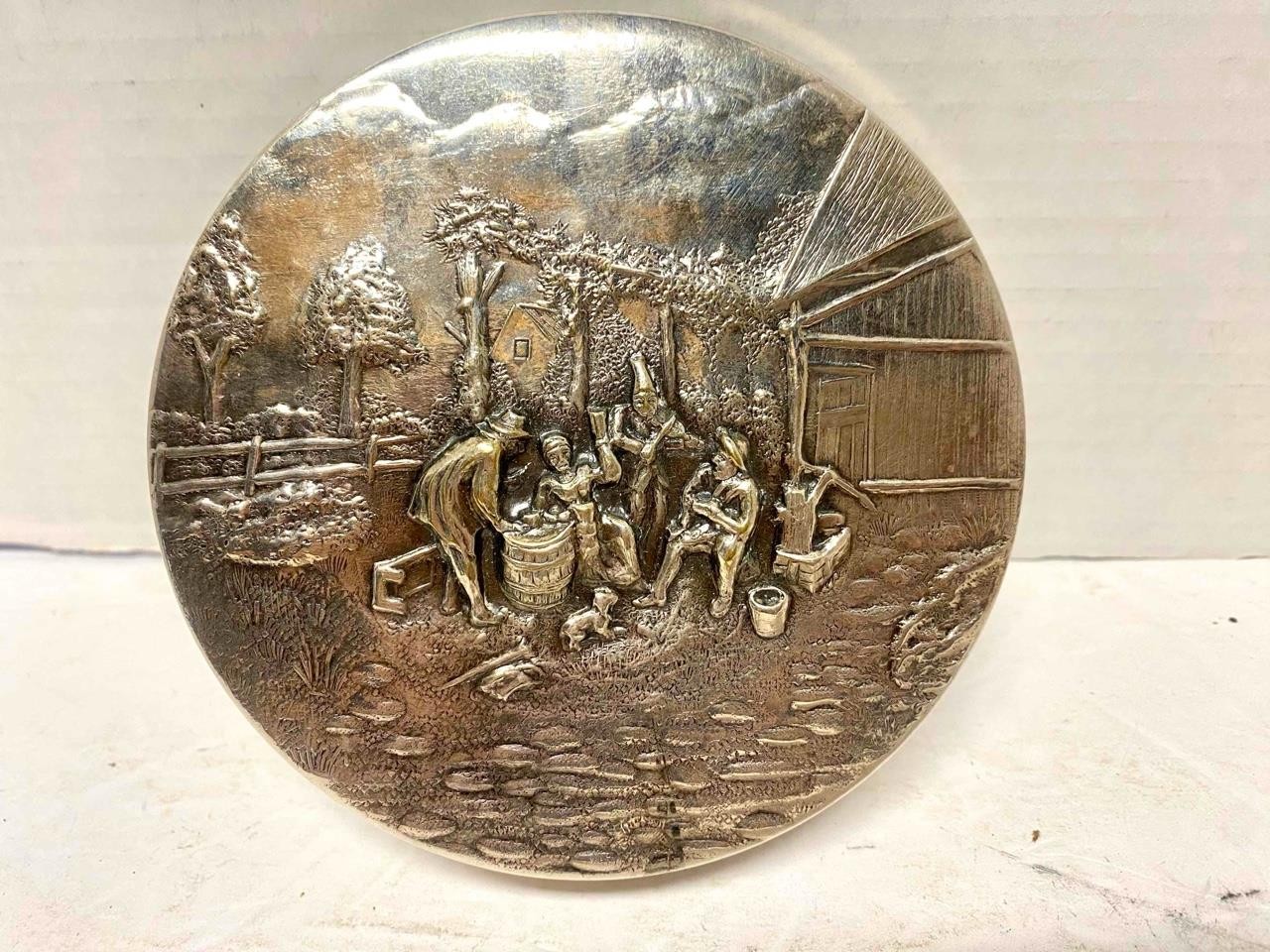 VINTAGE SILVER PLATE TRINKET BOX, DENMARK VILLAGE SCENE WITH RED VELVET LINING
