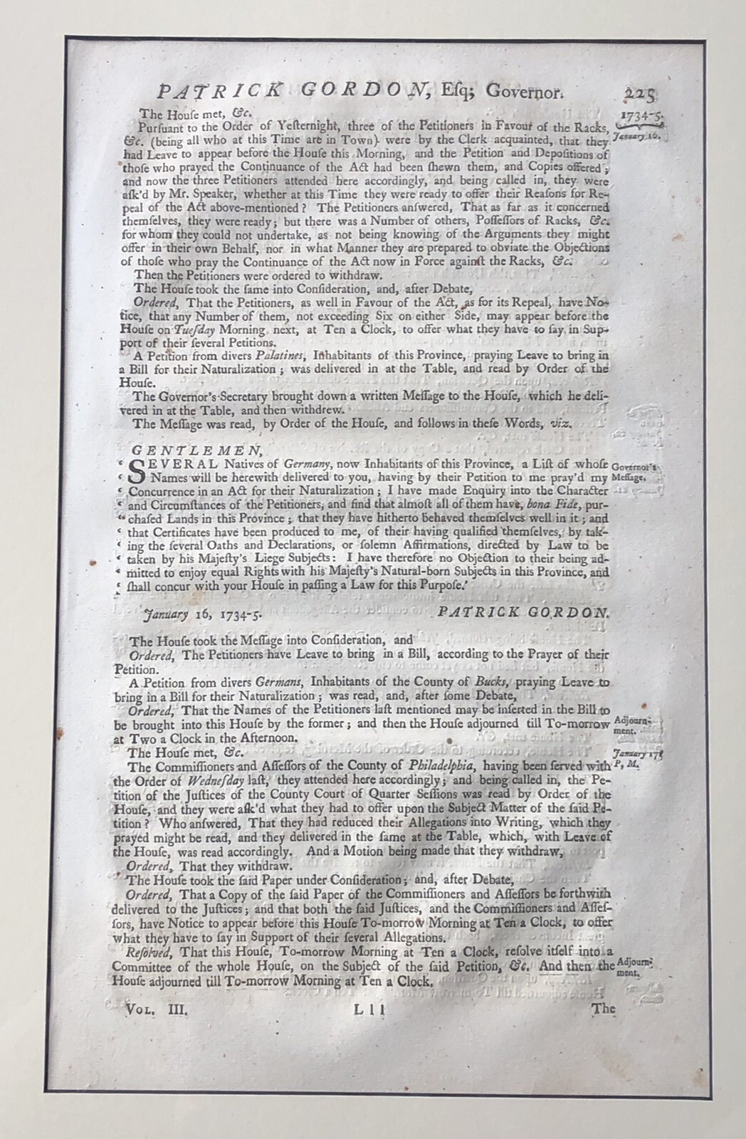 Antique 1734-5  Newspaper Page Philadelphia by Governor Patrick Gordon