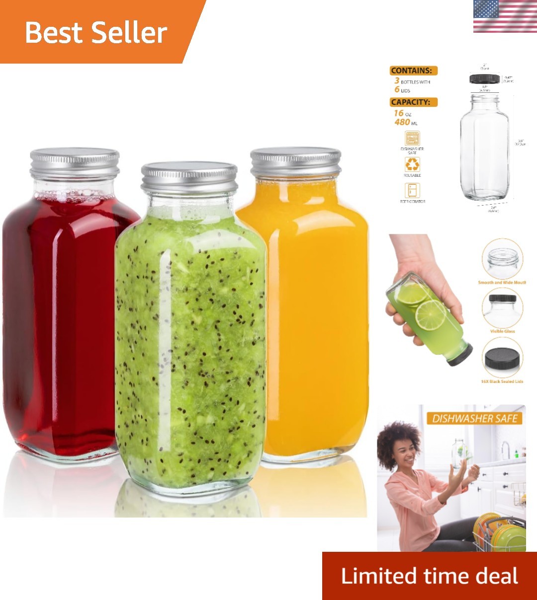 Versatile 16 Oz Glass Drink Containers - 3 Pack with Leak-Proof Lids for Juicing