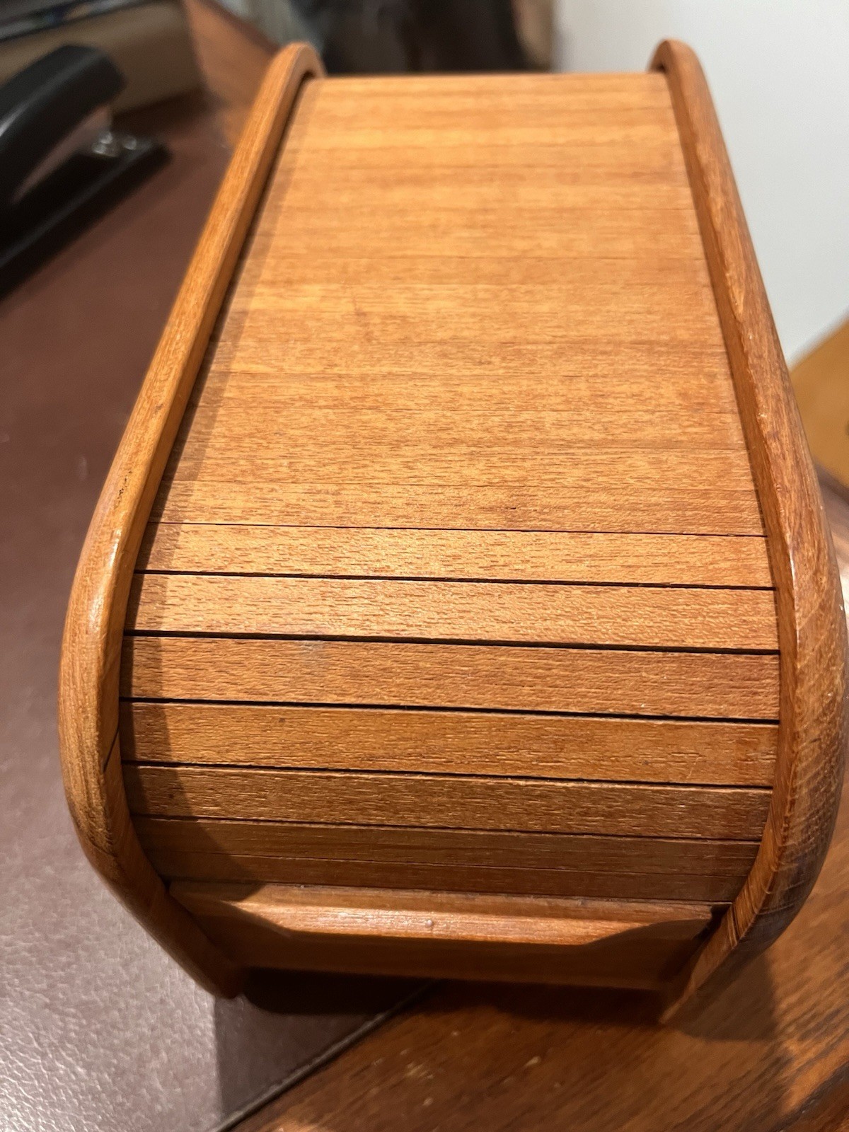 Kalmar Designs MCM Teak Wood Roll Top Storage Box Recipe Box File Tambour