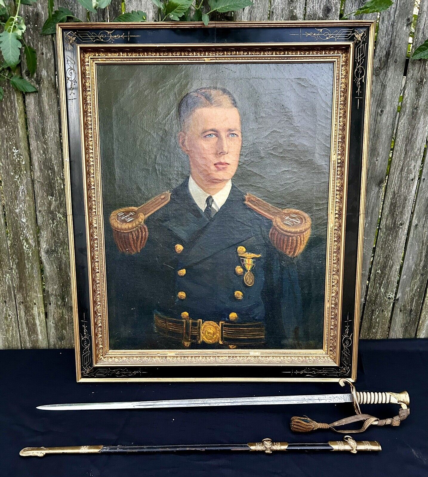 Antique WW1 Officers Sword & Oil Painting - James Graham