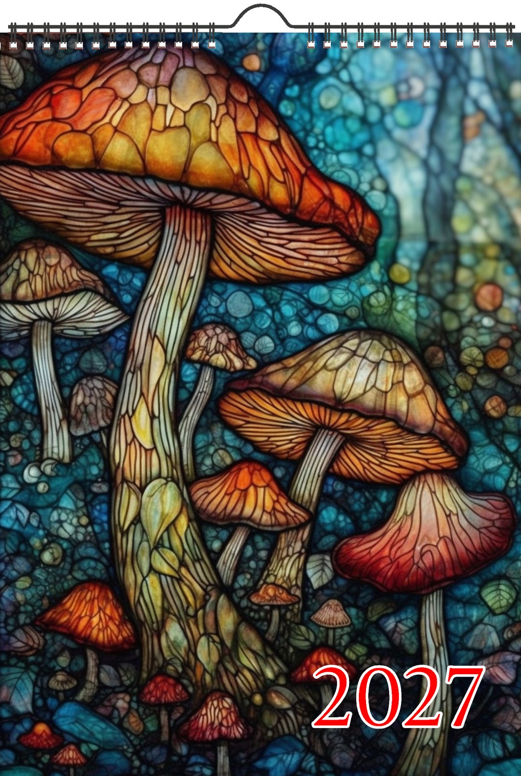 2027 Wall Calendar ~ Enchant Forest Vibrant Mushroom Wonderland Stained Glass