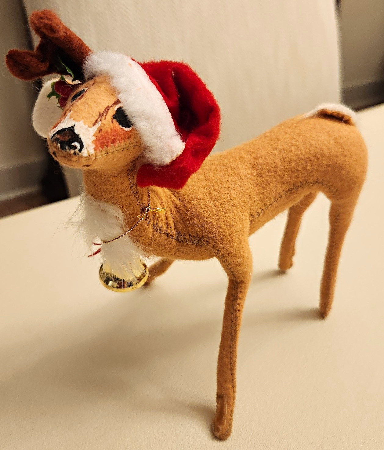 Vintage 1997 Annalee Felt Reindeer Figurine w/ Santa Hat & Bell Christmas Decor