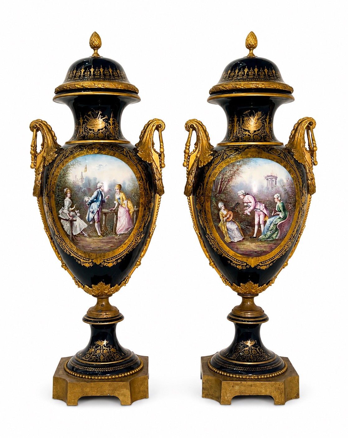 A Pair of Large French Sevres Style Hand Painted Vases and Lids 19th Century Era A Pair of Large French Sevres Style Hand Painted Vases and Lids 19th Century Era
