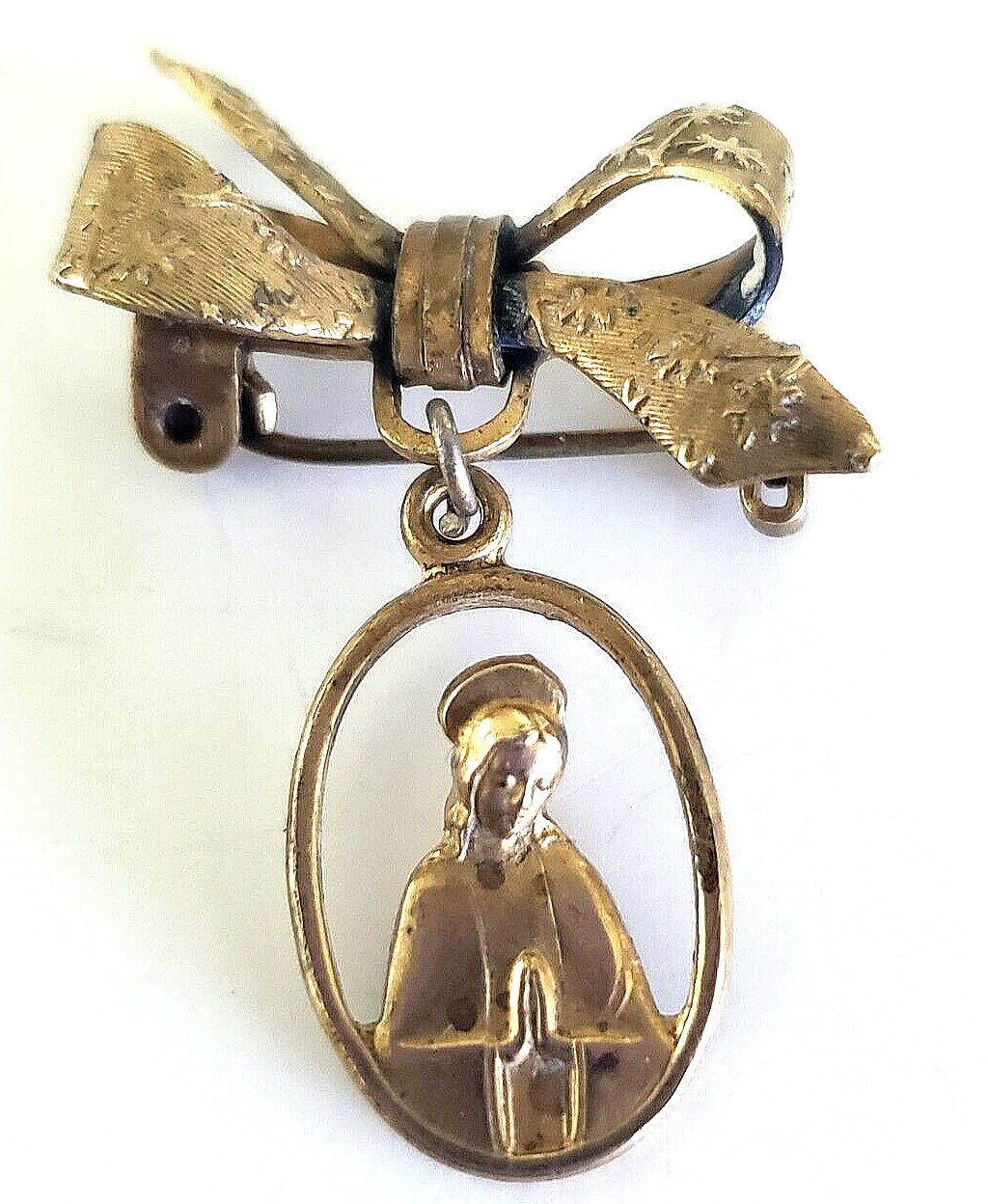 Vintage Mary Praying Heart of Jesus Medal Dangle Brass Bow Pin 1.5