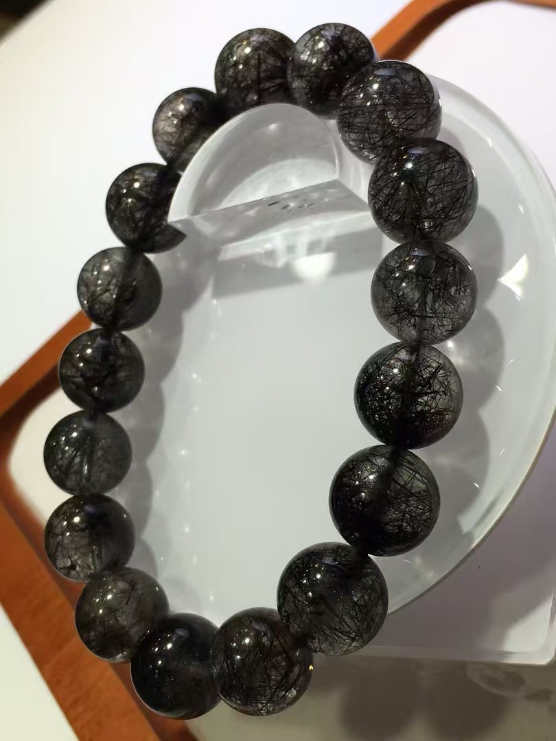 Natural Black Hair Rutilated Quartz Crystal   Round Bead Bracelet 13MM