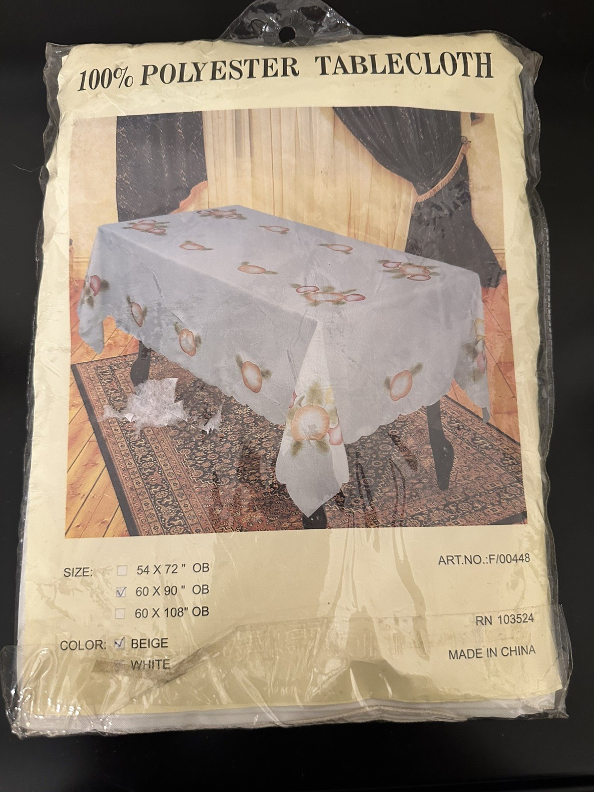VTG Peach Fruit Embroidered Tablecloth 60x90 Oblong Beige Scalloped Edge NEW