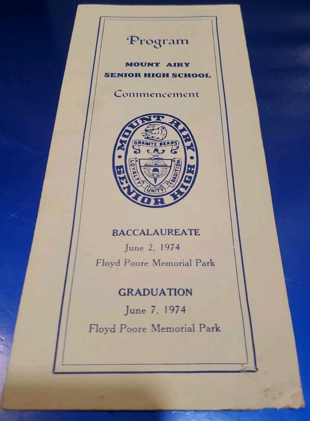 VTG 1974 Mount Airy High School Commencement Baccalaureate Program Granite Bears