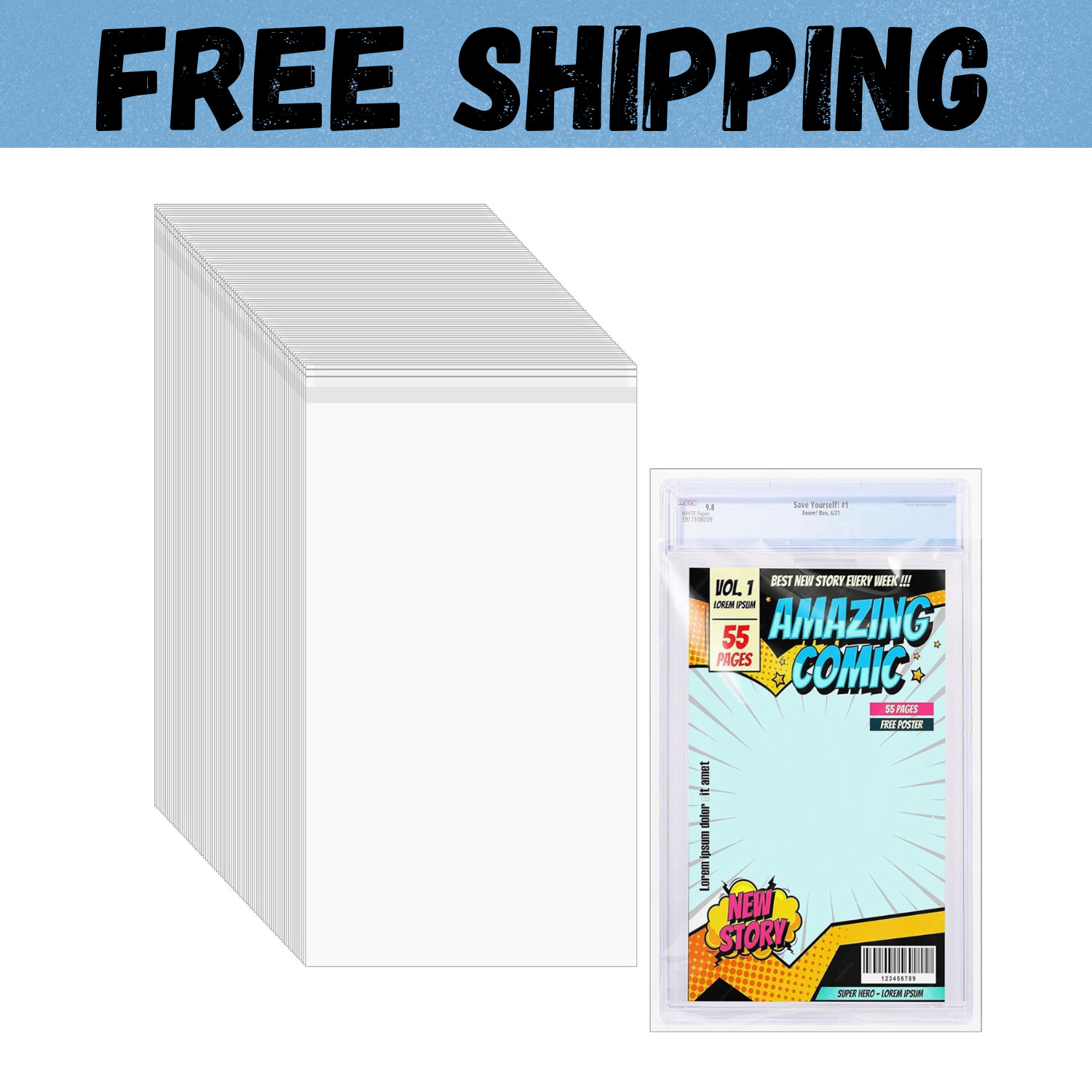 50 Pcs Resealable Graded Comic Book Bags,Clear Plastic Comic Sleeves for CGC and