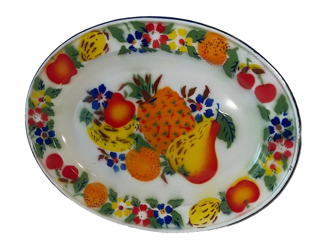 Vtg Retro MCM Metal Enamelware Oval Platter Fruit & Flowers 17.5\