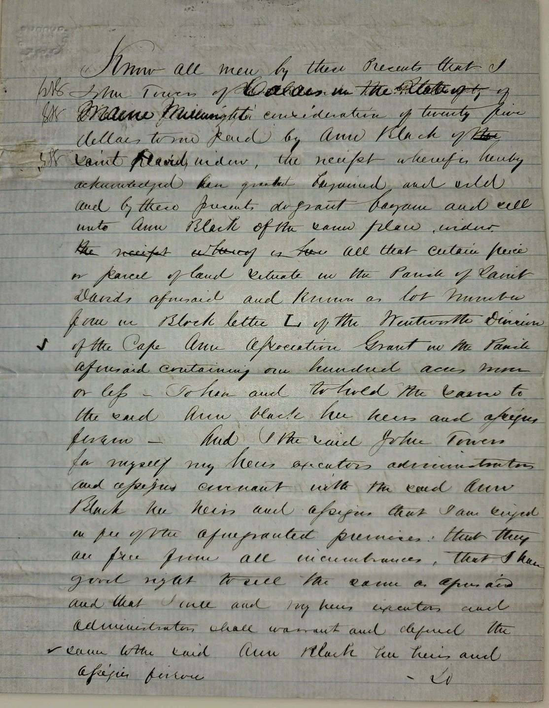 1859 Canada Land Deed, New Brunswick, Widow Ann Black, 100 Acres, Very Early