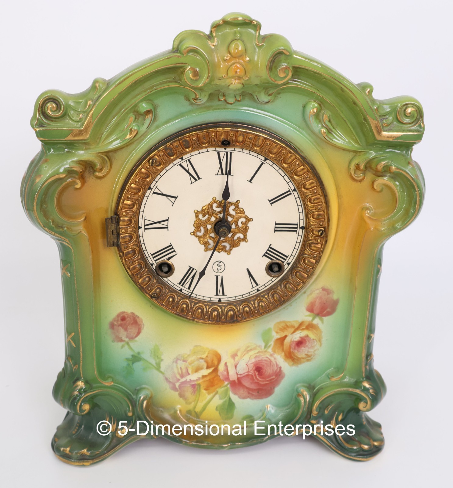 1880s Ansonia ROYAL BONN LA LEDAN Porcelain Clock Green Floral - No Weight Key