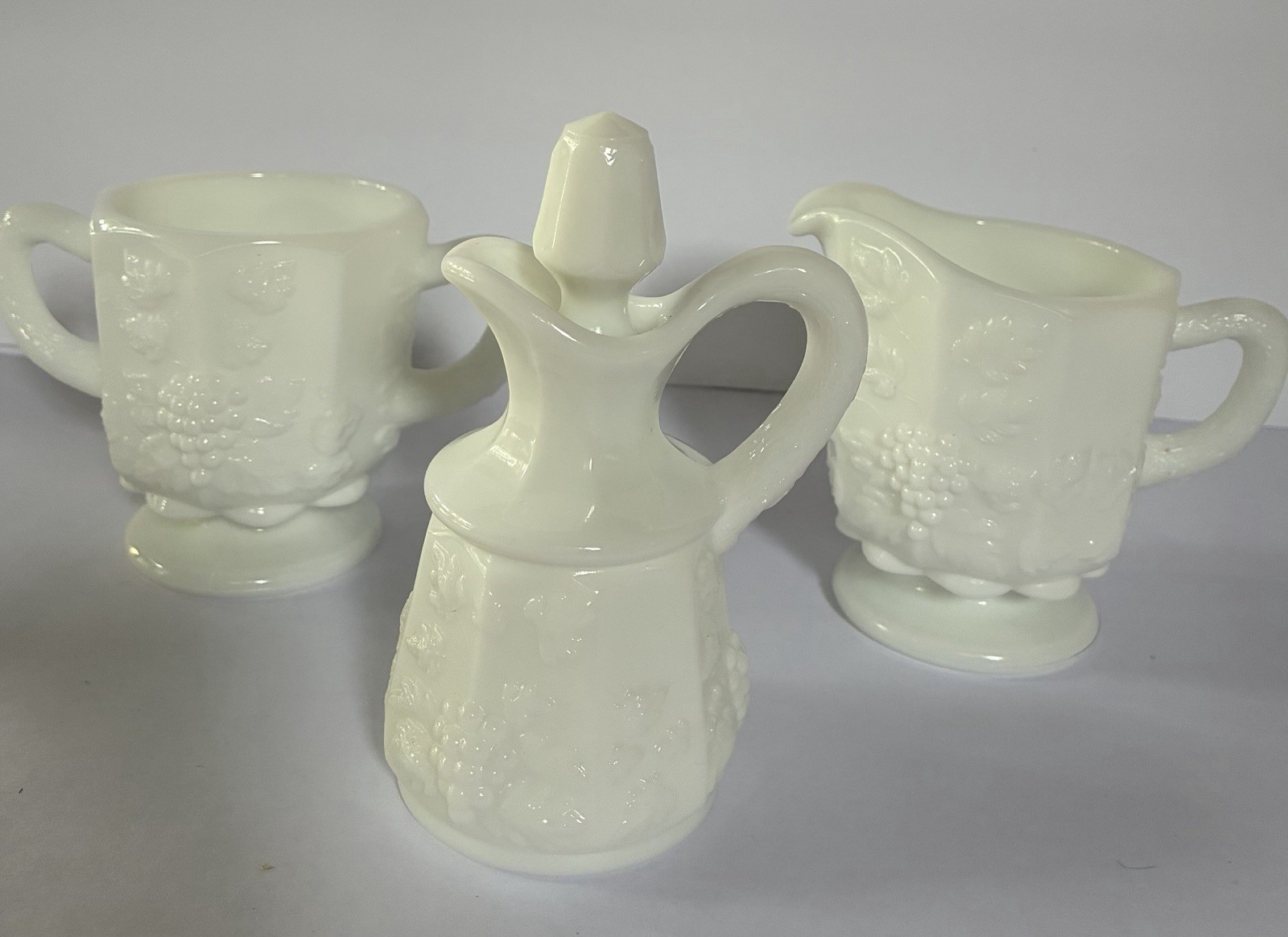 LOT 3 Pc VTG Westmoreland MILK Glass PANEL Grape CRUET - Creamer & SUGAR - Nice LOT 3 Pc VTG Westmoreland MILK Glass PANEL Grape CRUET - Creamer & SUGAR - Nice
