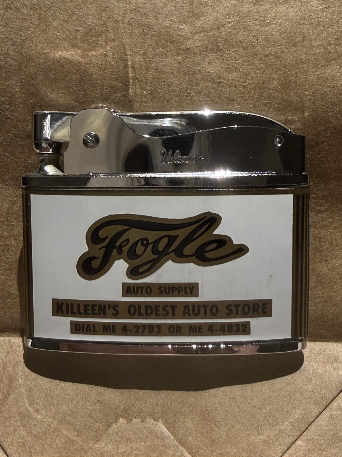 Vintage Vulcan Flat Lighter - Fogle Auto Supply Killeen Texas - Unfired NOS Vintage Vulcan Flat Lighter - Fogle Auto Supply Killeen Texas - Unfired NOS