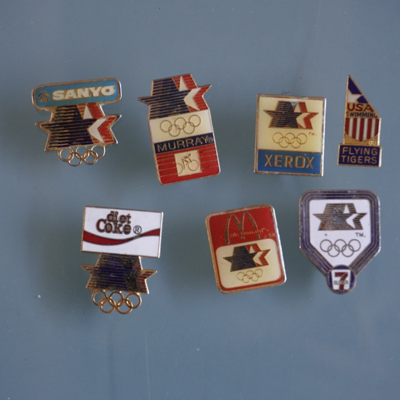 Vtg 1984 Los Angeles LA Olympics Sponsor Lapel Pin Lot 7pc AS IS Broken Backs